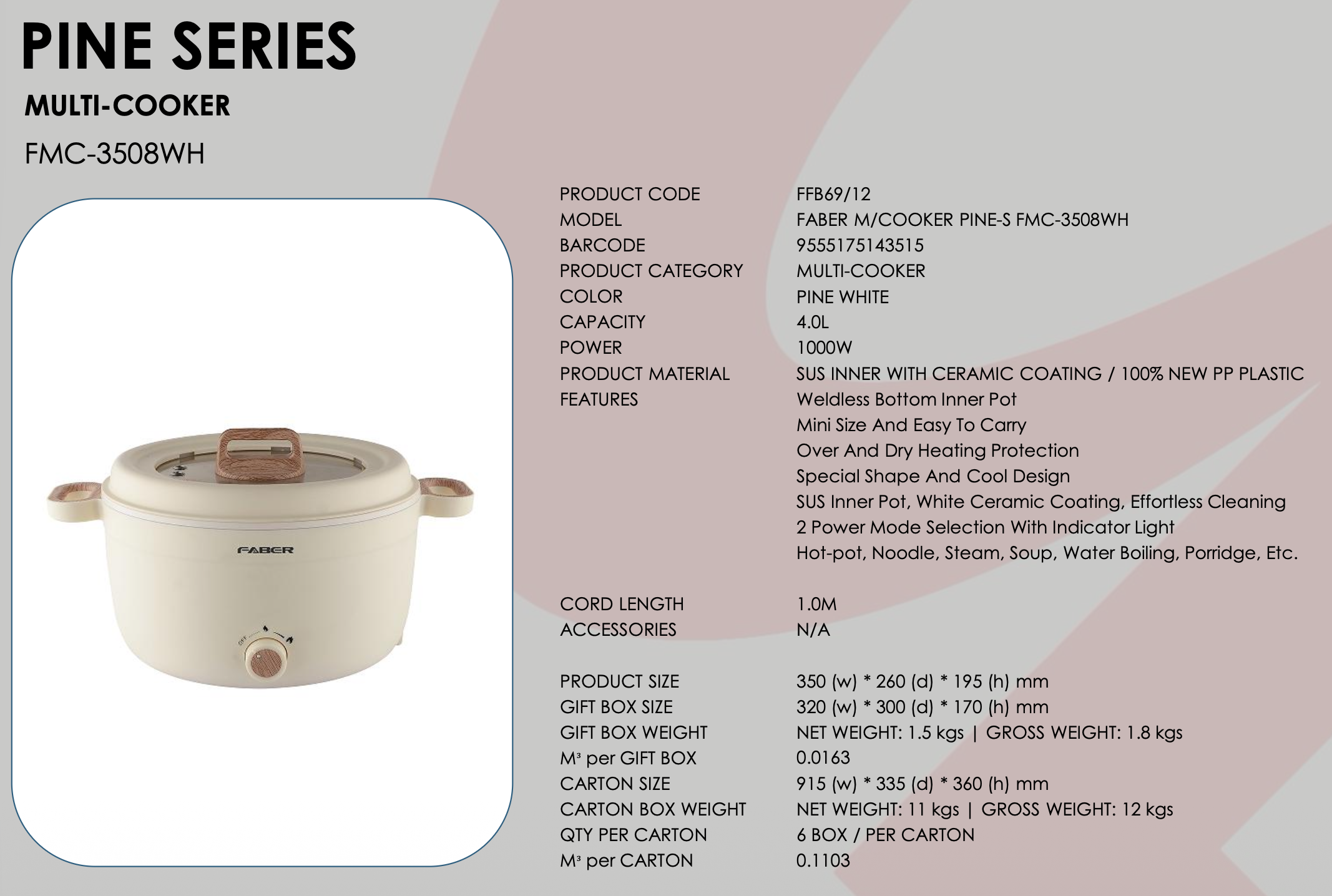 Faber Multi Functions Cooker Pine-S Series ( 4L ) FMC-3508WH | Shopee ...