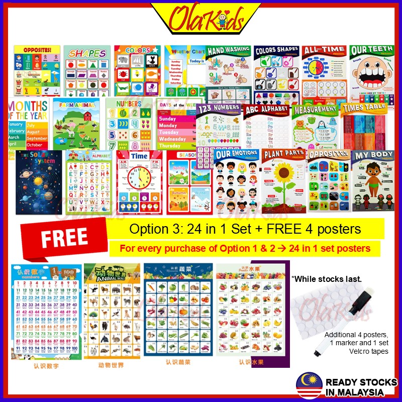 OLAKIDS 12 in 1 Set Kid Learning Wall Poster Chart Educational Poster ...