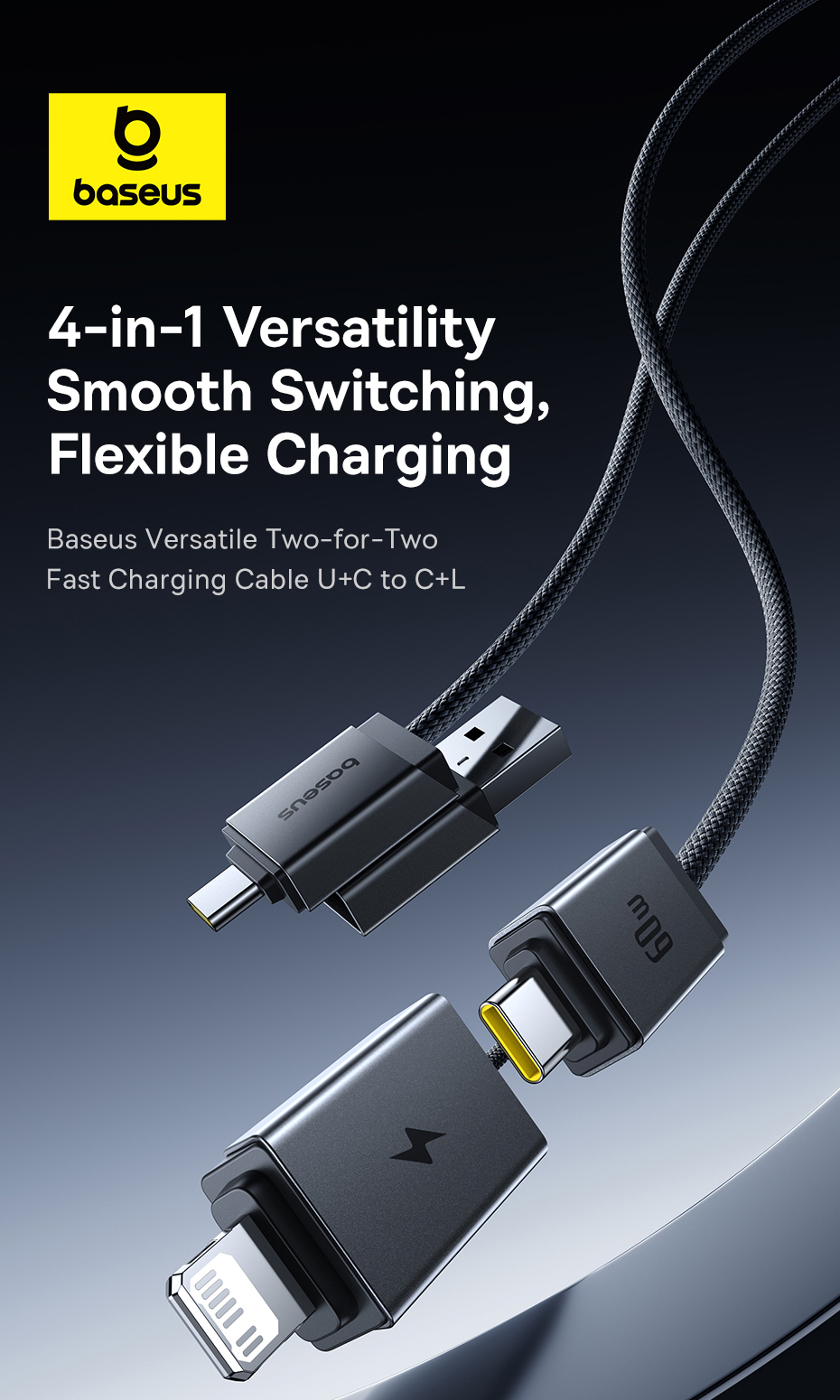 Baseus in USB Cable 60W Fast Charging Cable For iP Laptop