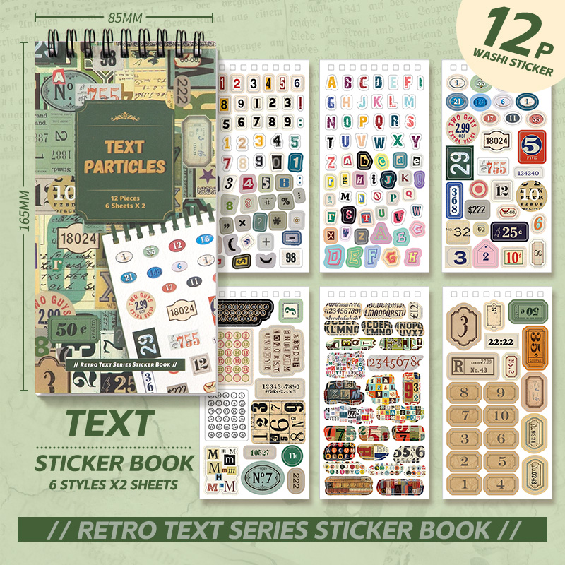 12 Sheets Vintage Text Stickers Book 100+pcs English Wording Sticker ...