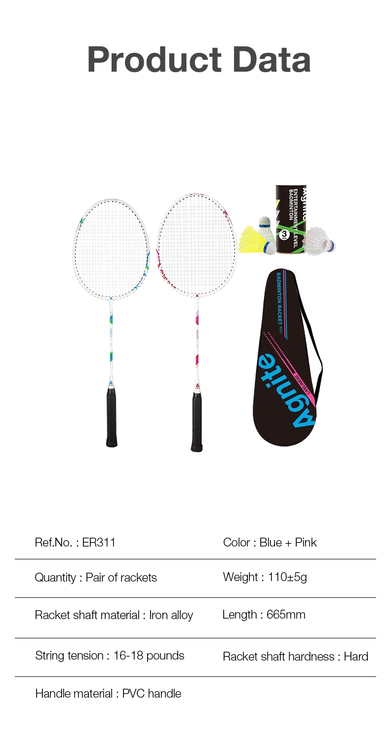 Agnite 1U 2U Badminton Iron Racket Set 20lbs Free Bag And Shuttlecock ...