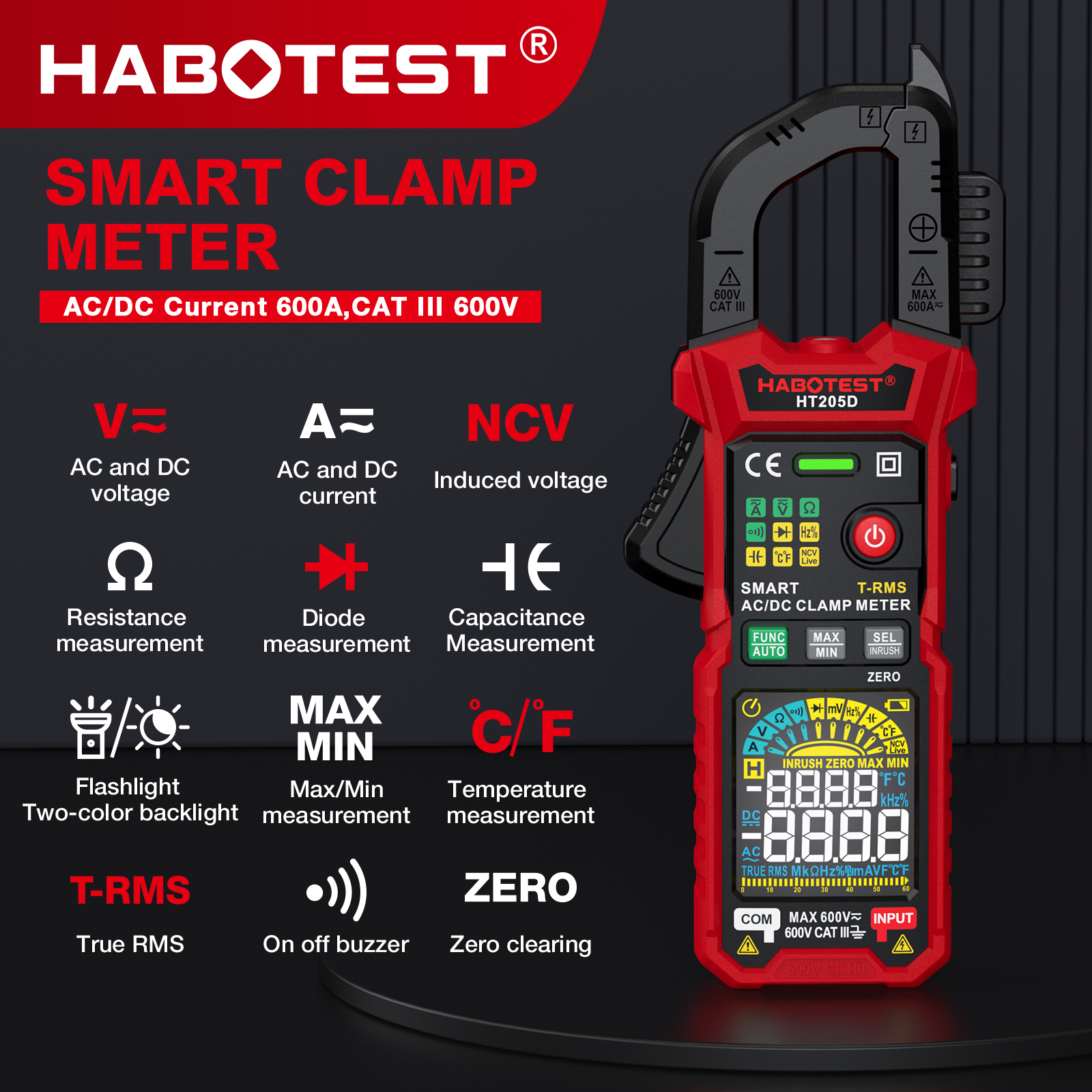 HABOTEST📢HT205D+HT89 Digital Clamp Multimeter 600A AC/DC Current and ...