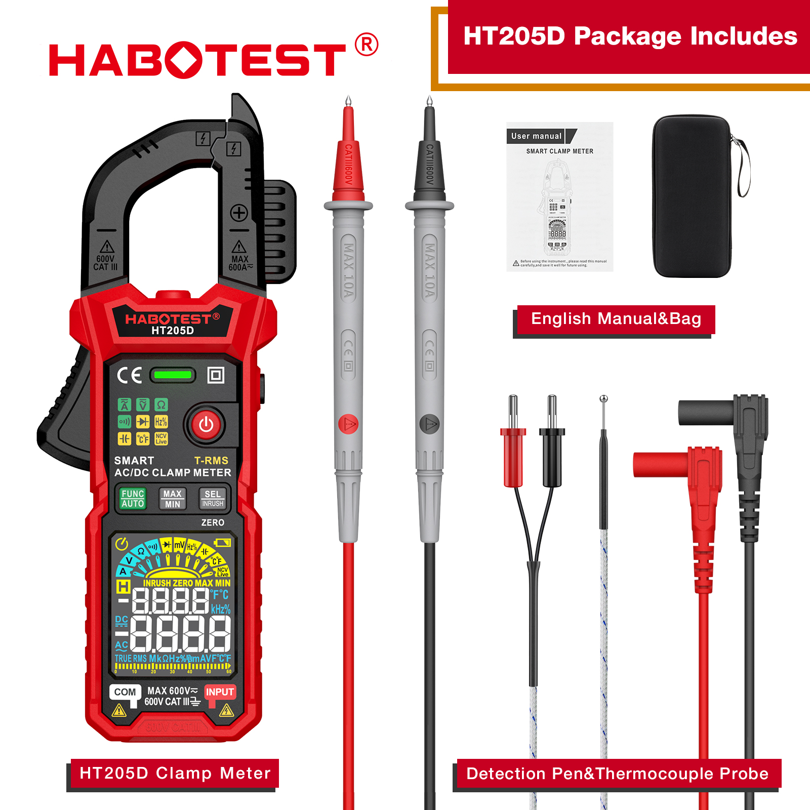 HABOTEST📢HT205D+HT89 Digital Clamp Multimeter 600A AC/DC Current and ...
