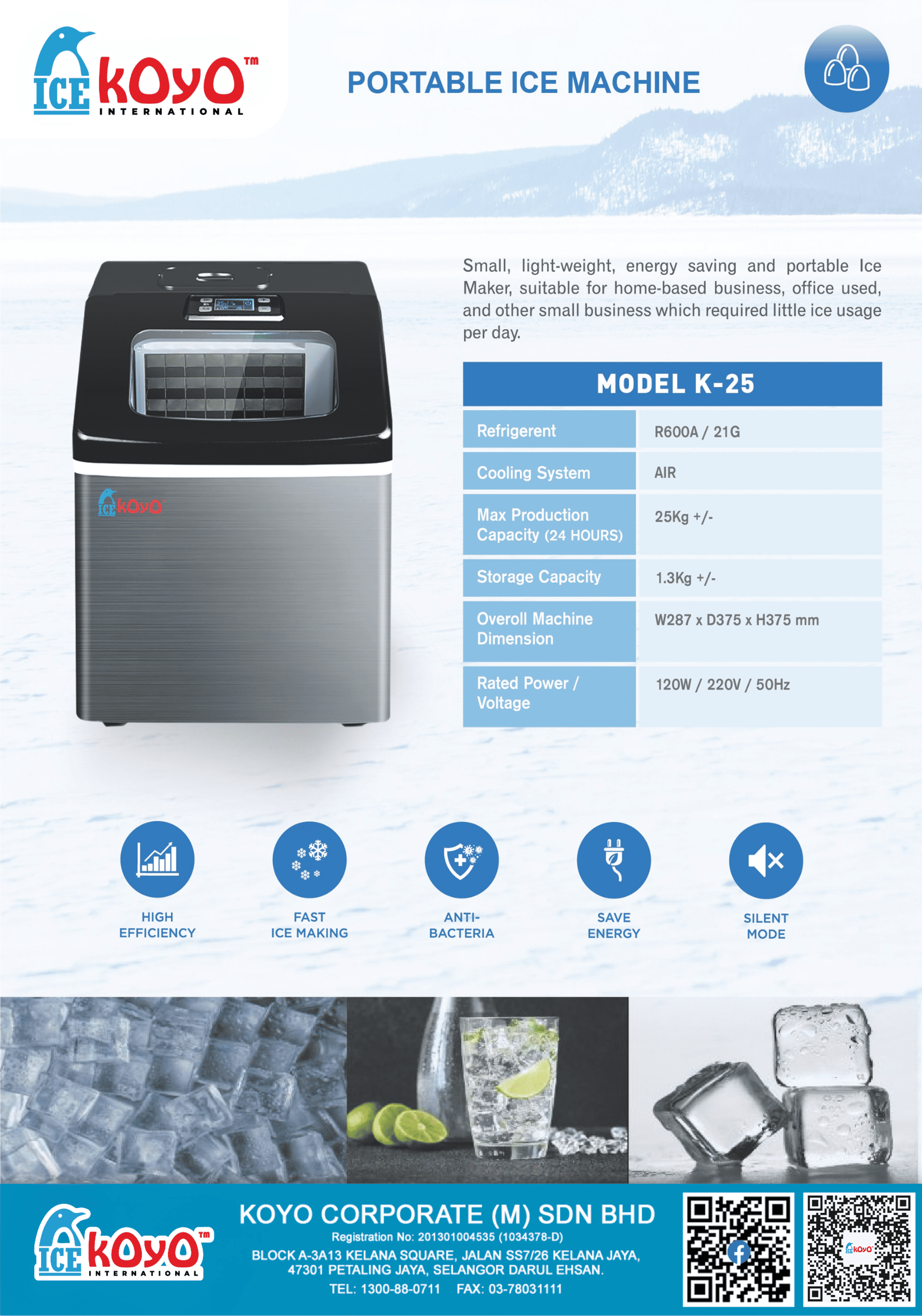 KOYO Portable Ice Maker K-25 // Capacity 25kg per day & 1.3kg Storage ...