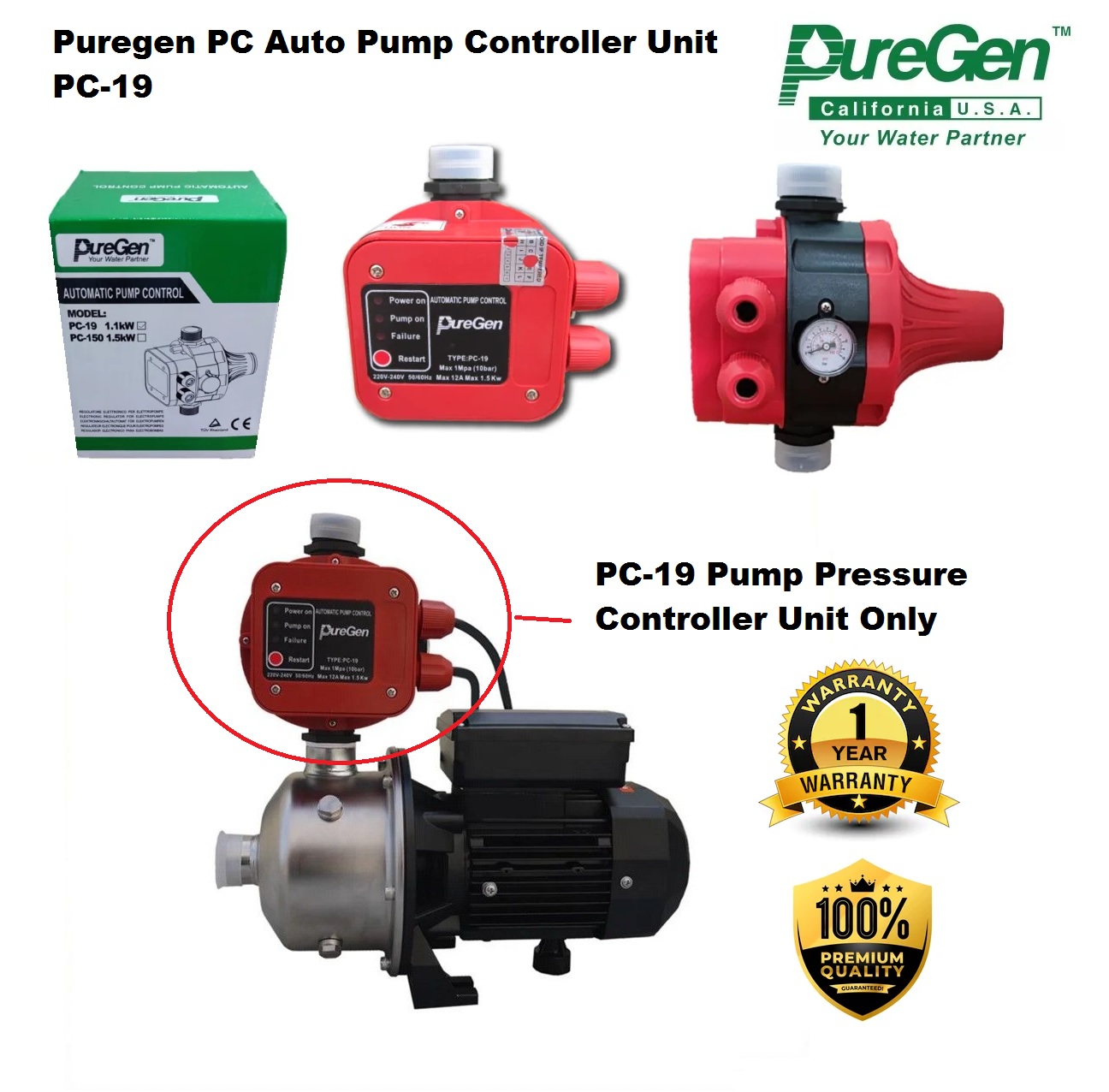 Puregen PC-19 Automatic Water Flow Pump Control Unit 1.1kW / 1.5Hp ...