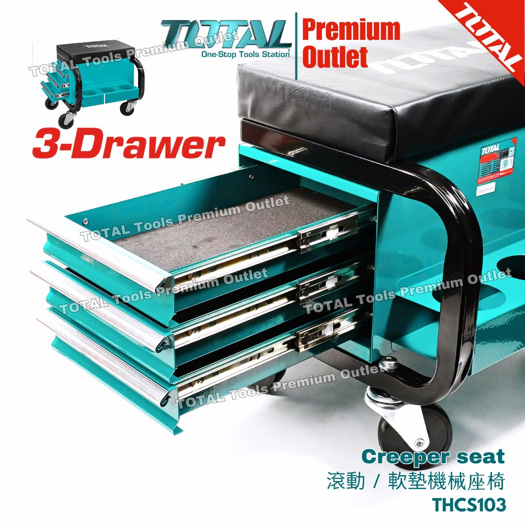 TOTAL Tools Creeper seat w/ 3 side drawers, Front tray, Back rack 滾動 ...