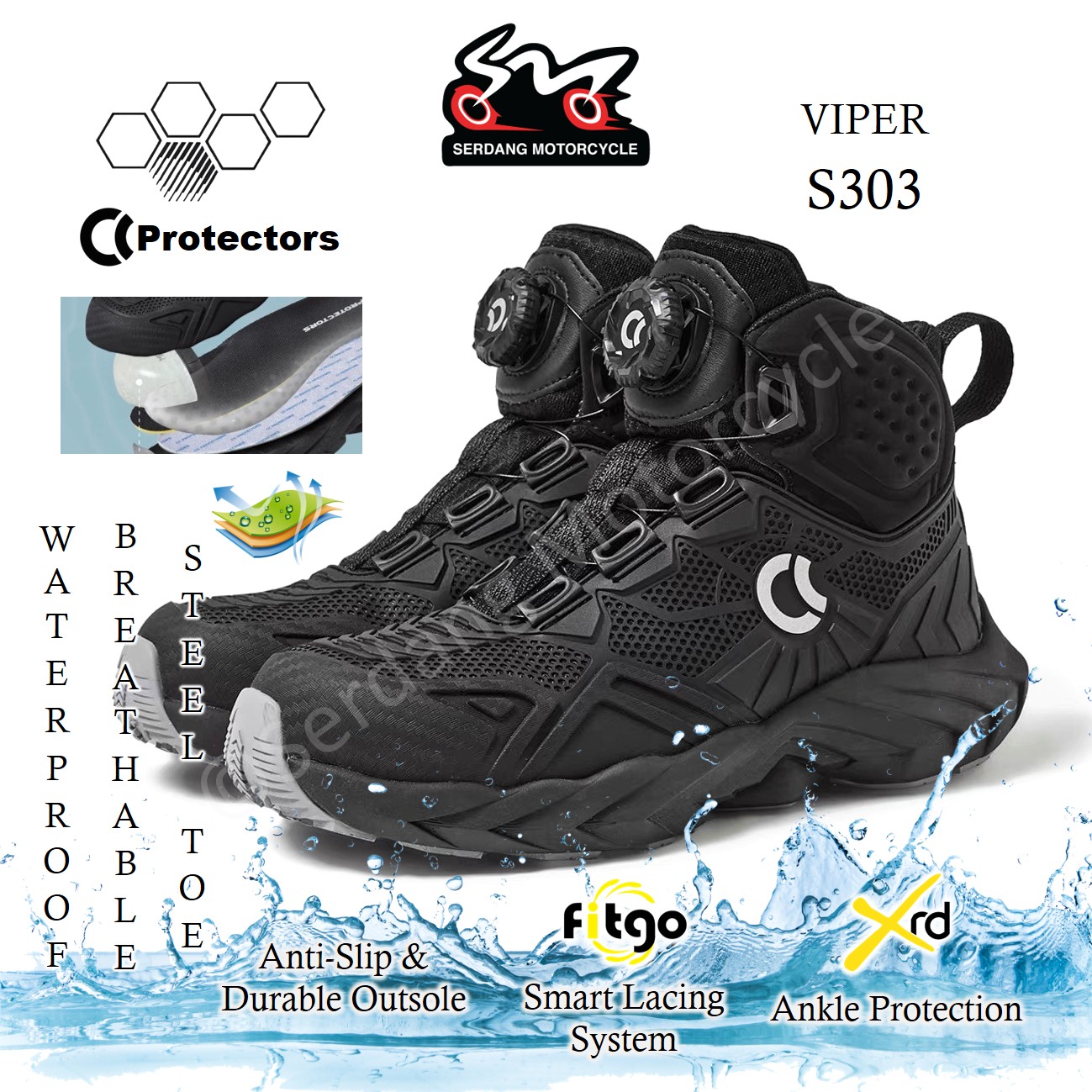 CC Protectors S303 Viper Waterproof Steel Toe Riding Shoe Protection ...
