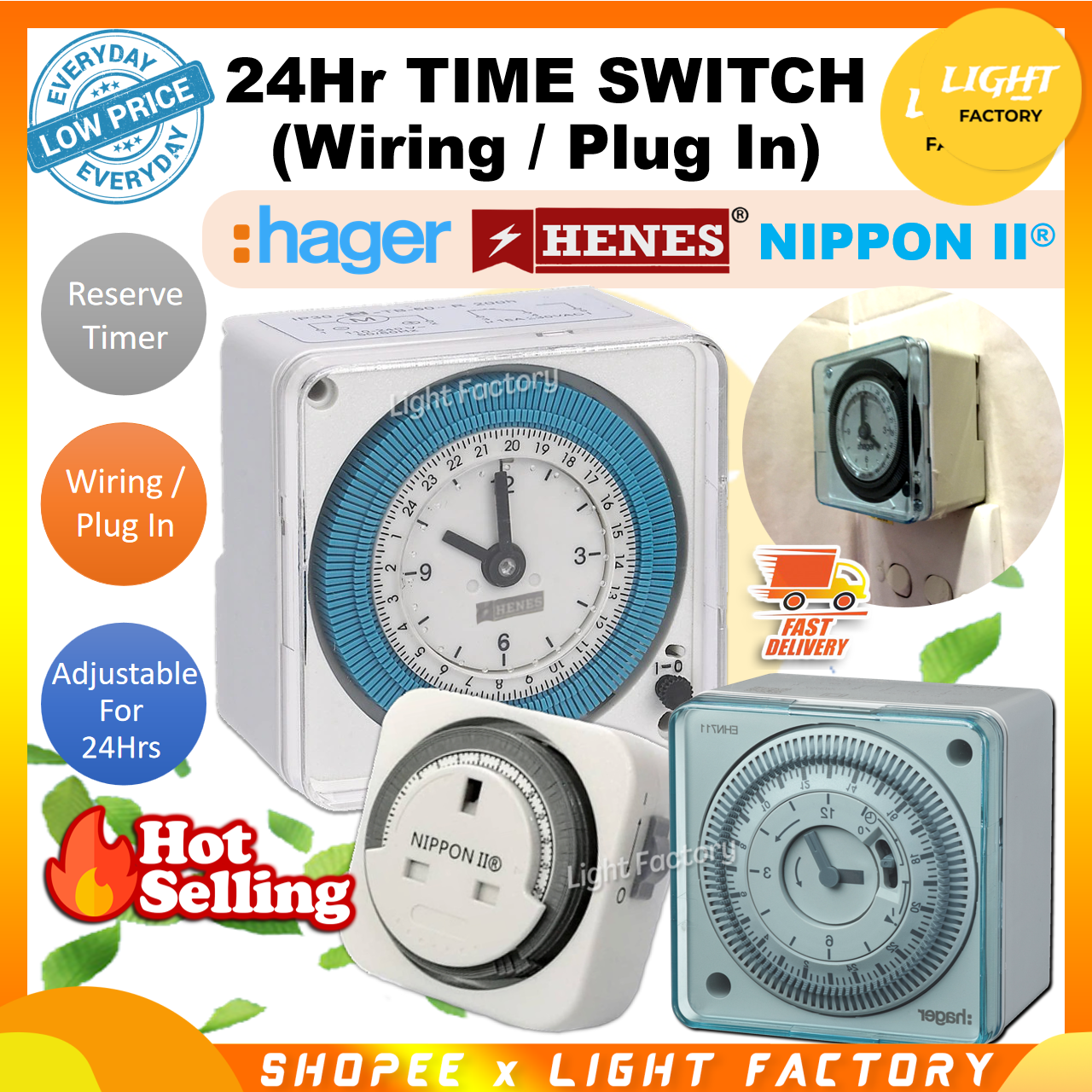 HAGER EHN711 24hrs Analog Timer Switch 24 hours Long Wiring / Plug In ...