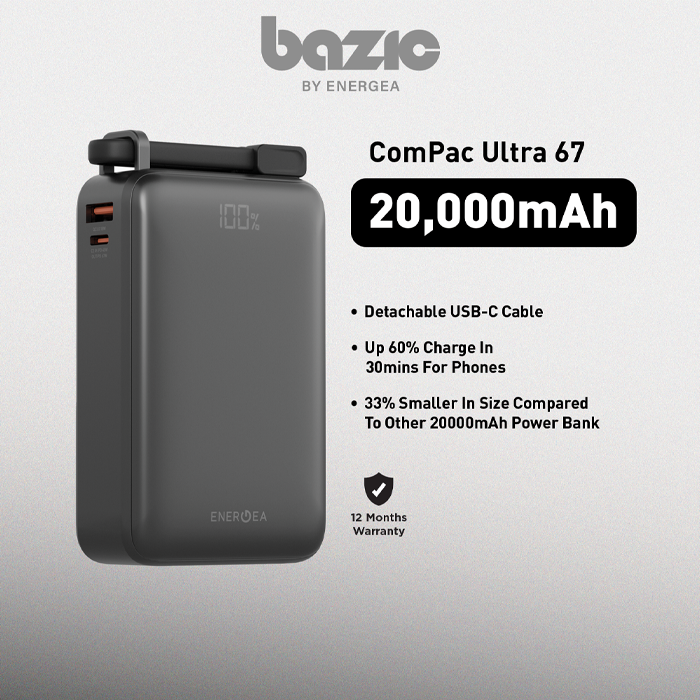 ENERGEA ComPac Ultra 67 20000mAh Power Bank With Build In USB-C Cable ...