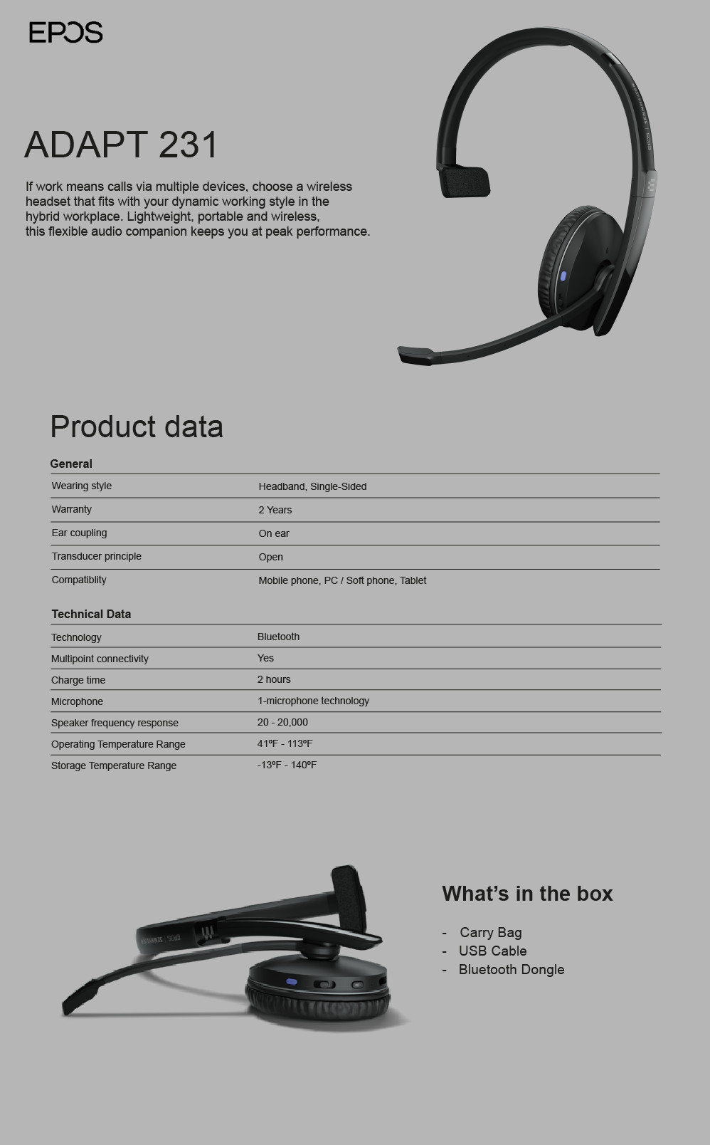 SENNHEISER EPOS ADAPT 231 – Cuffia Wireless Monourale Con Dongle USB-C, Certificata Microsoft Teams, Ottimizzata Per UC
