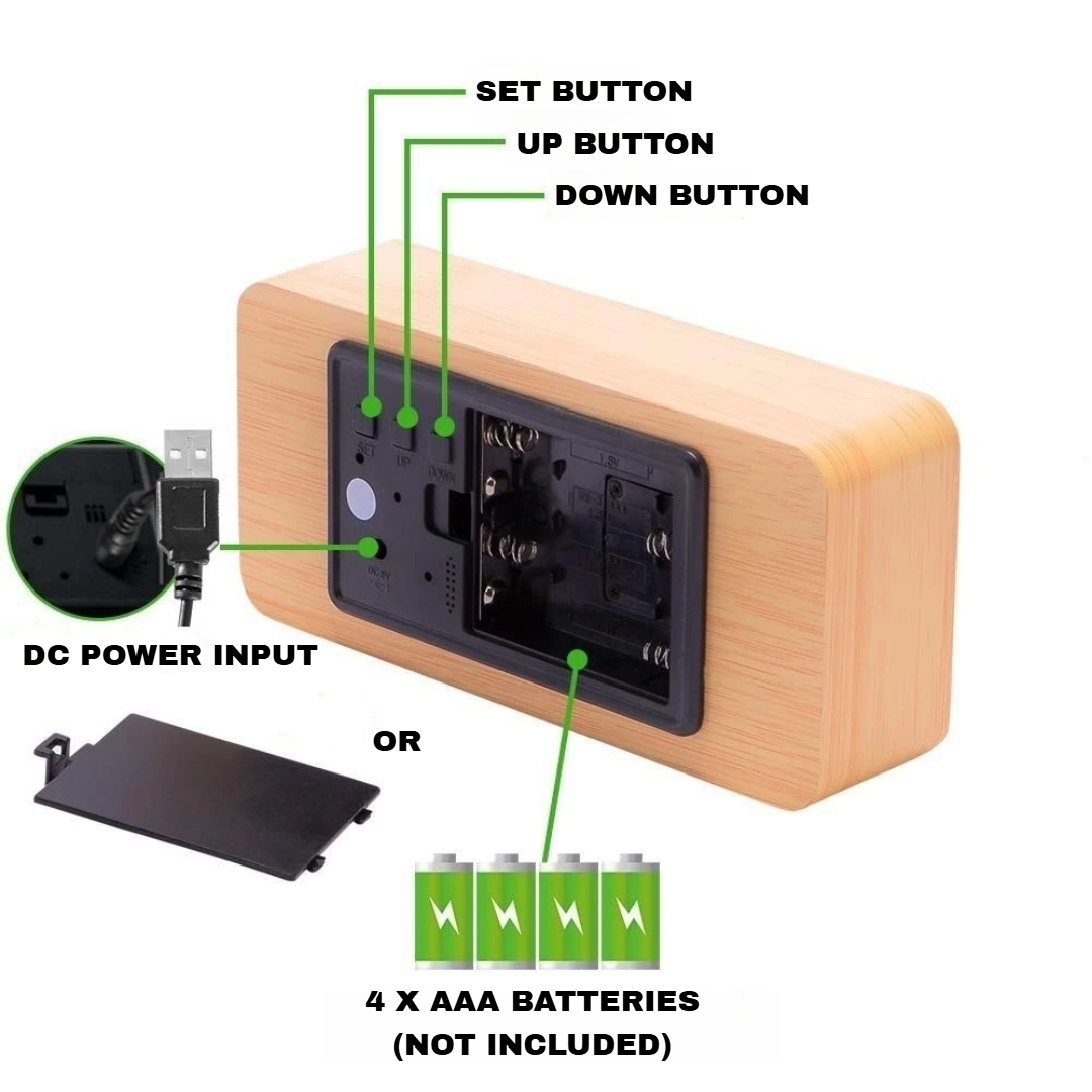 Digital Wooden Voice Control Alarm Clock USB Plug In Bedside Clock With ...