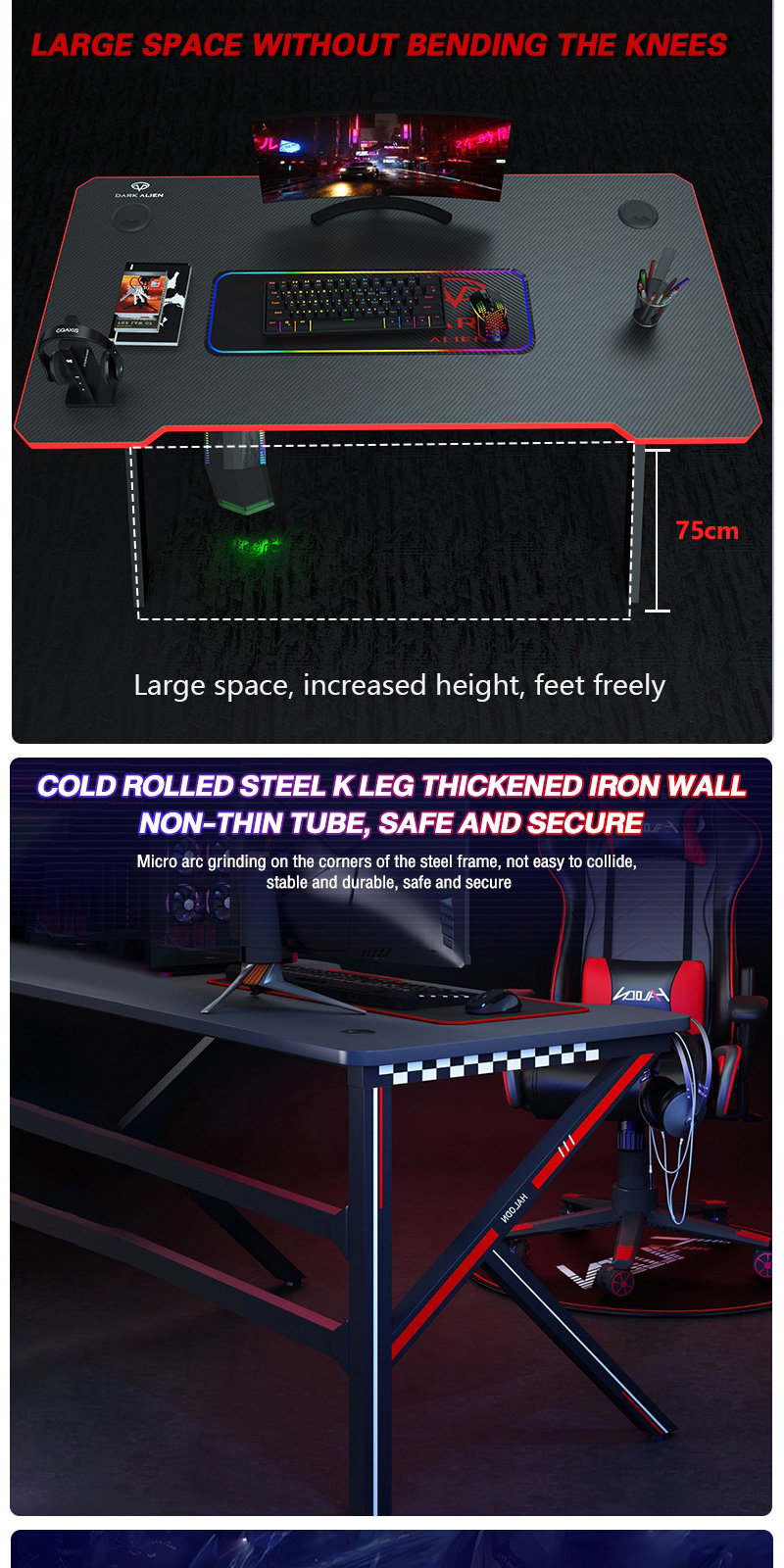 K-Shaped Leg Reinforcement Gaming Table Computer Desk PC Table Meja ...