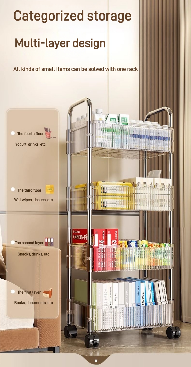 3/4 Tier Movable Trolley Storage Rack Acrylic Multi-Layer Snack Storage ...