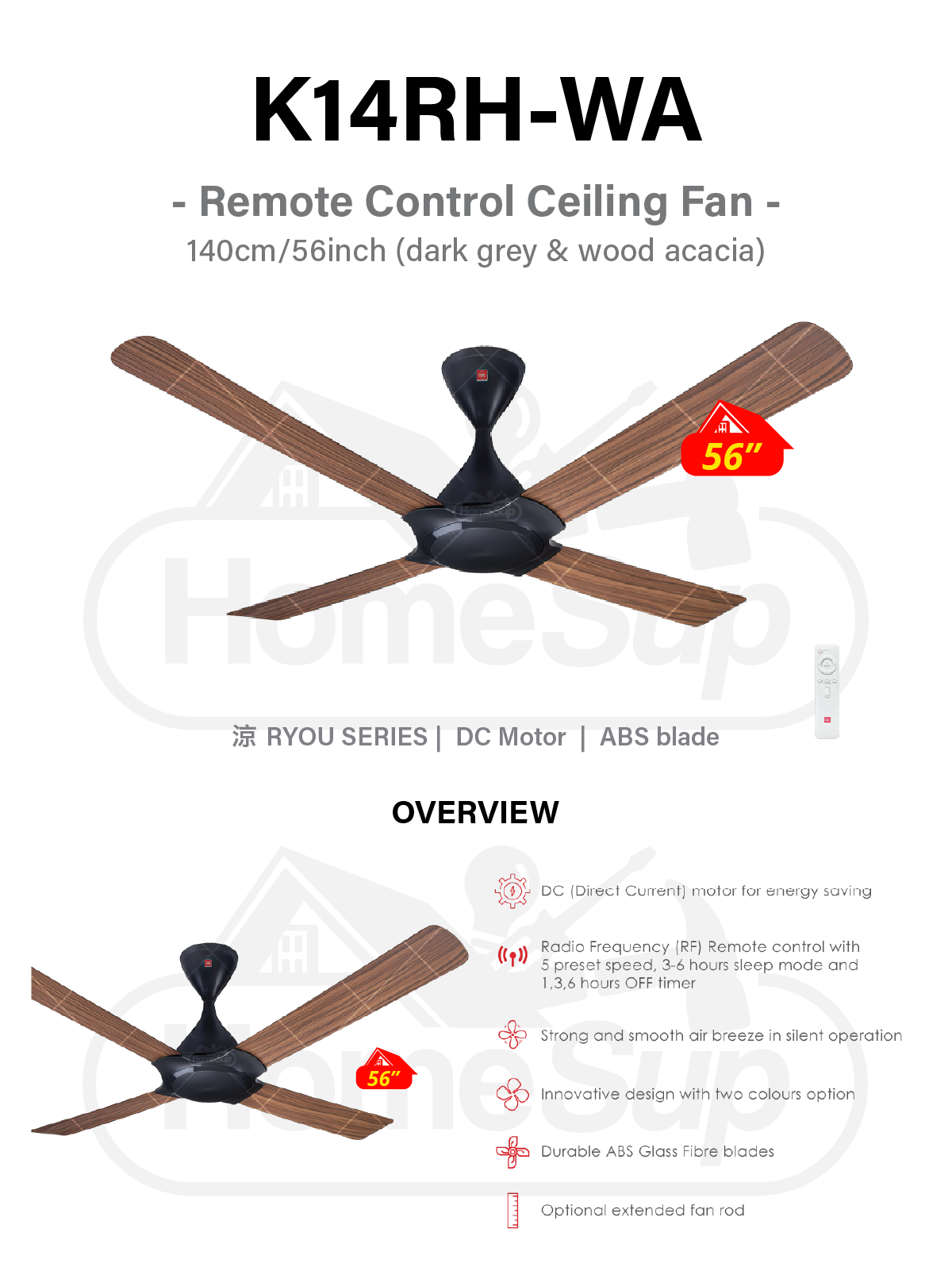 KDK K14rh-wa Ceiling Fan – 56 Inch, Dc Motor, Dark Grey & Wood Acacia ...
