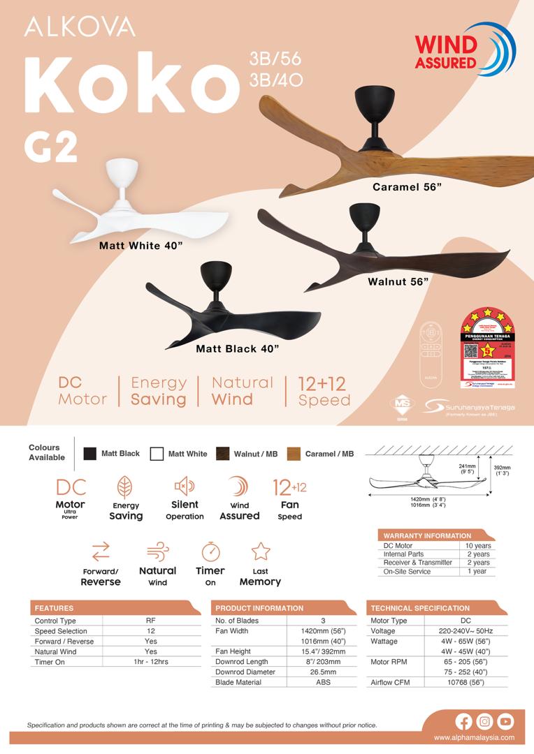 🔥HOT🔥 ALPHA Alkova - KOKO G2 40/56 Inch DC Motor Ceiling Fan /12 Speed ...