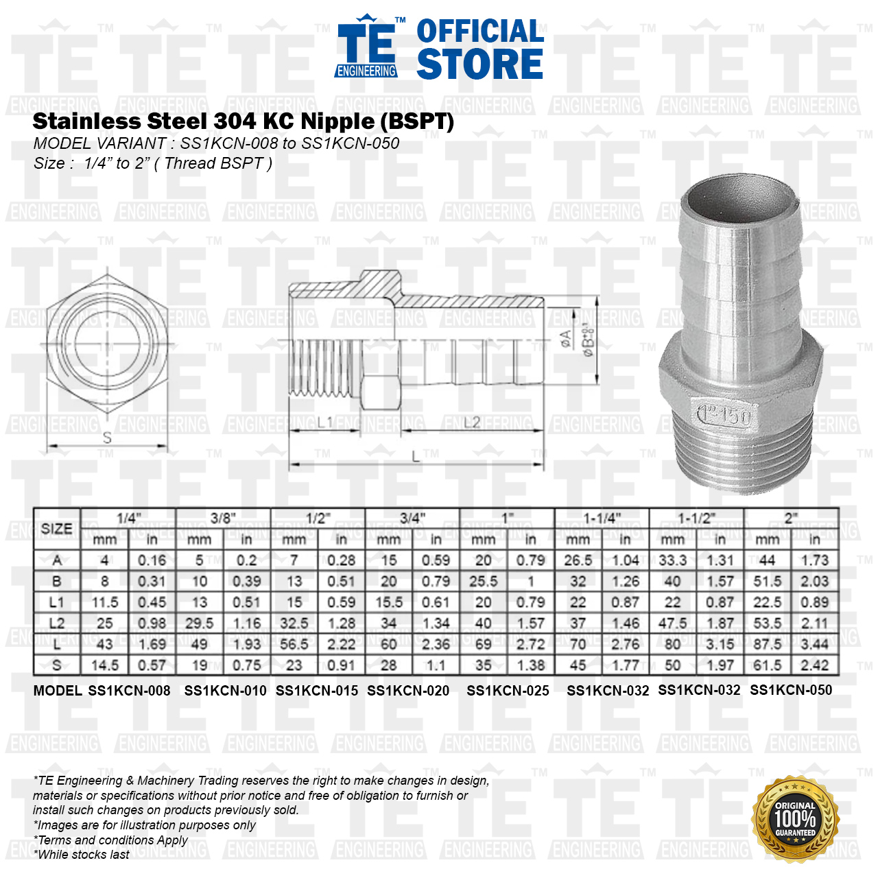 Stainless Steel SS304 Fittings KC Nipple Size : 1/4