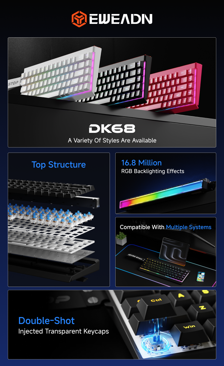EWEADN DK68 Wired Mechanical Keyboard 68-Key Compact Layout Blue Switch ...