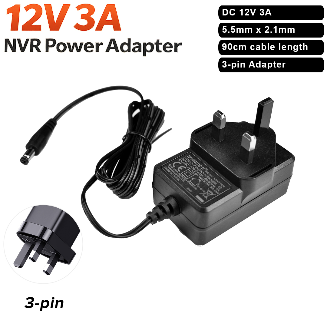 AC DC 12V 3A Power Adapter 3-Pin Plug for NVR Base Unit (5.5x2.1mm ...