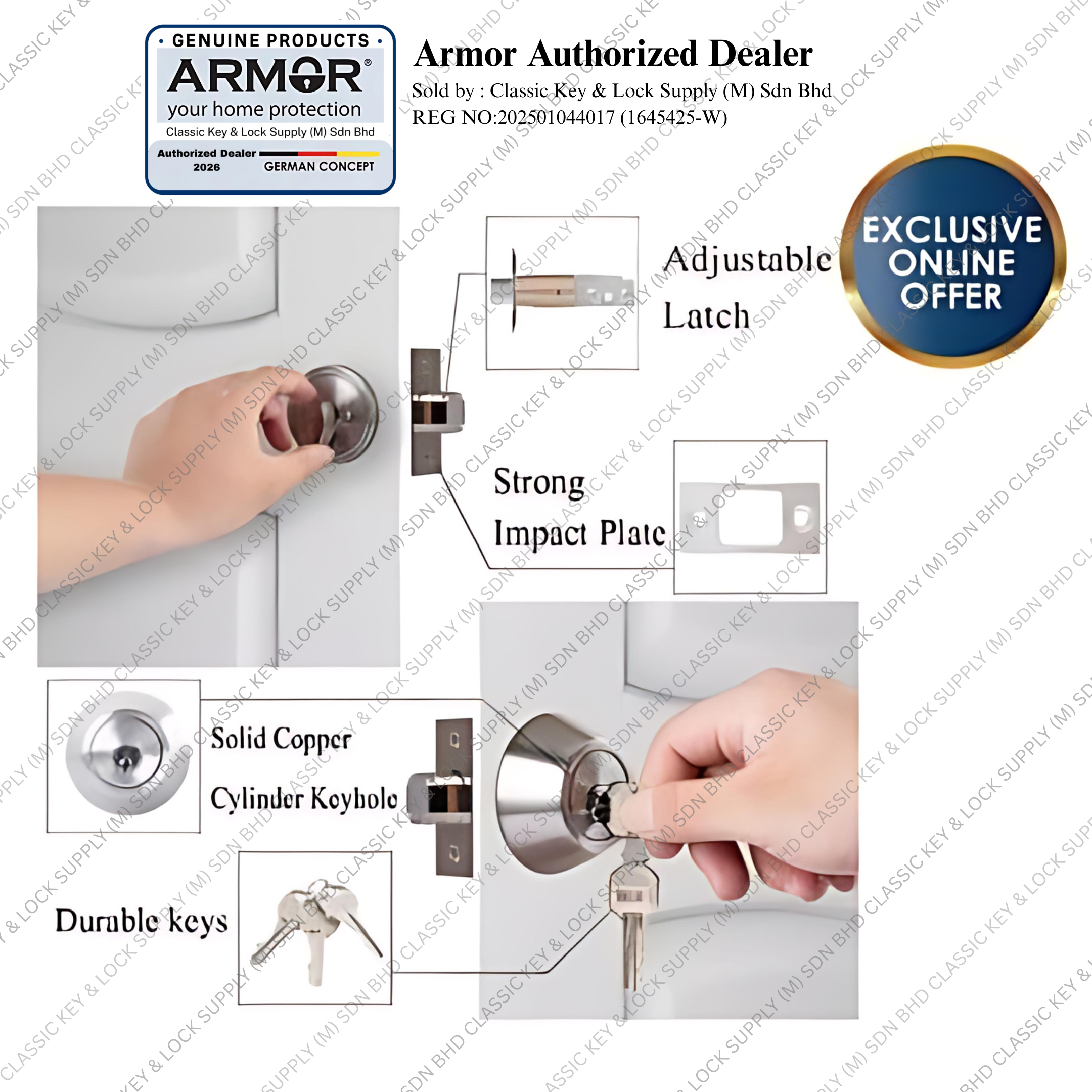 ARMOR Deadbolt Door Lock ADL-101 Thumbturn One Side Key Matt Black ...