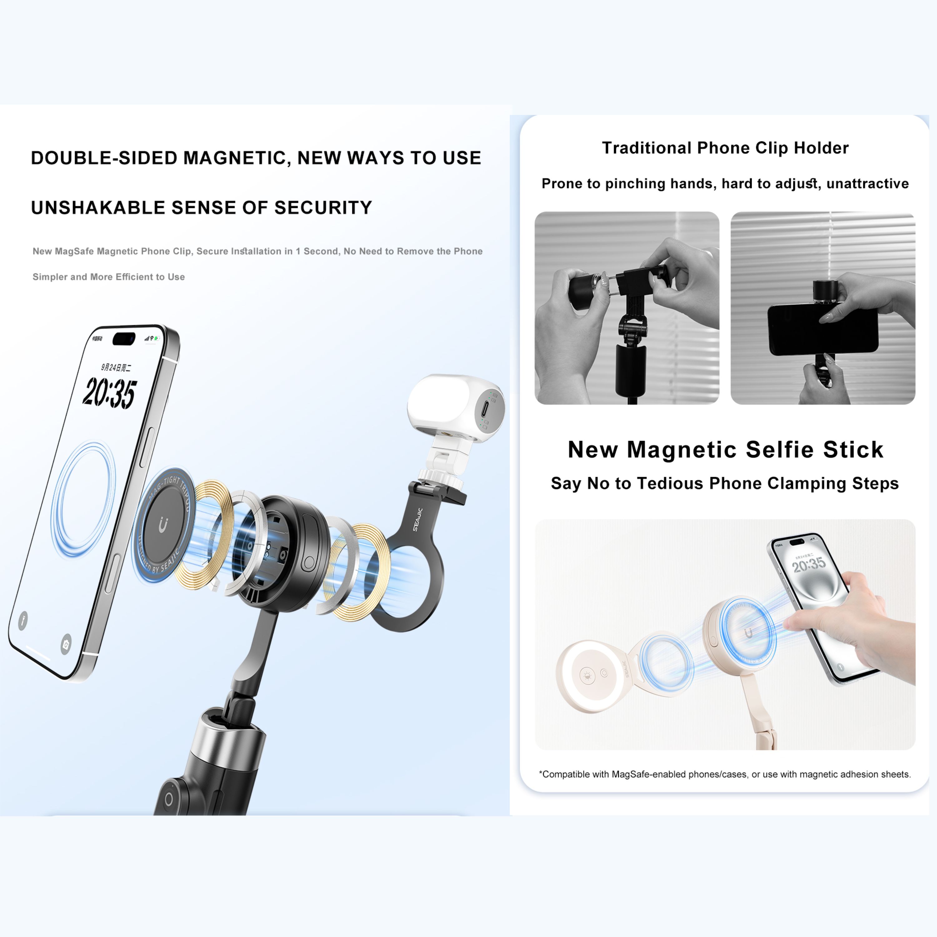 SEAJIC Magnetic Tripod Selfie Stick AB230 Auto Pop-Open with Remote ...