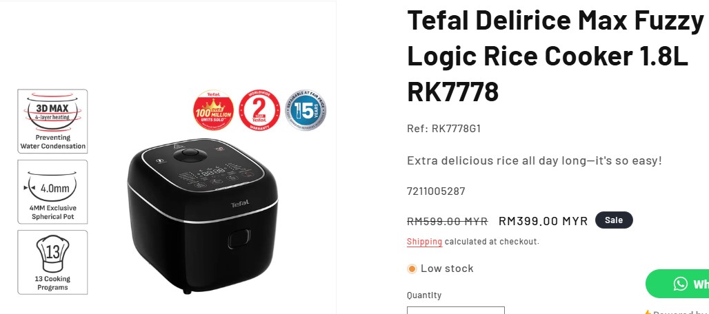 Tefal 1.8L Delirice Max Fuzzy Logic Rice Cooker RK7778 (10 cups ...