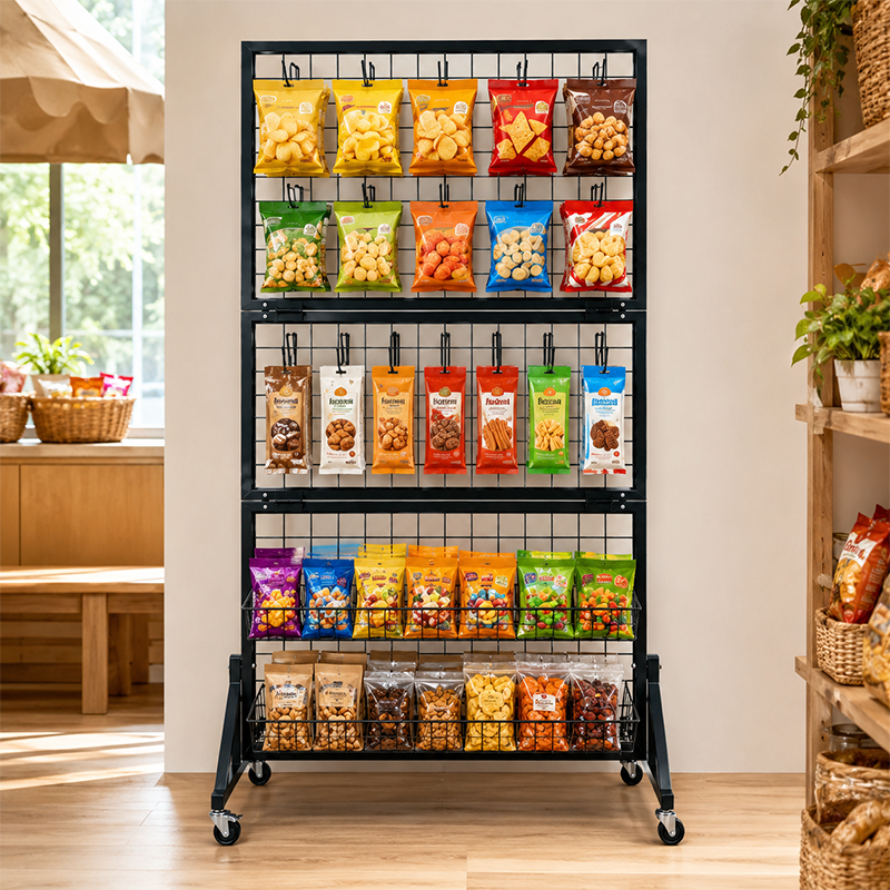 Foldable Mobile Grid Display Rack with Wheels,Metal Mesh Stand for ...