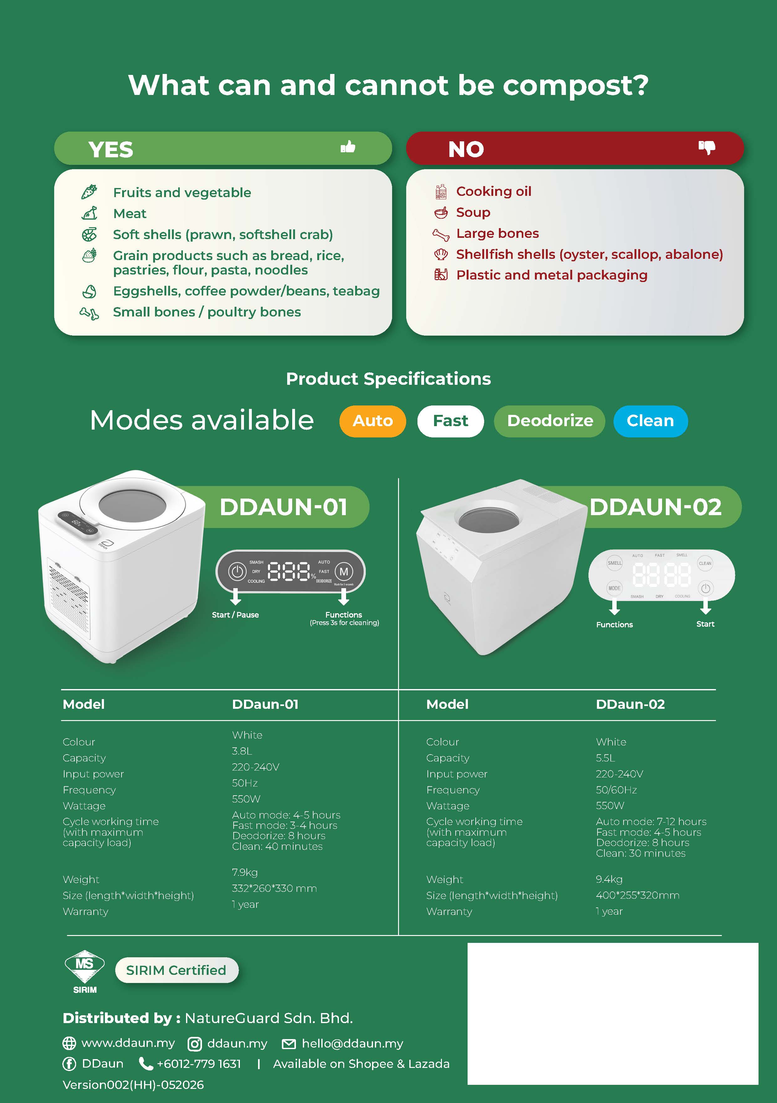 D'Daun 5.5L / 3.8L Household Food Waste Composting Machine Auto Fast ...