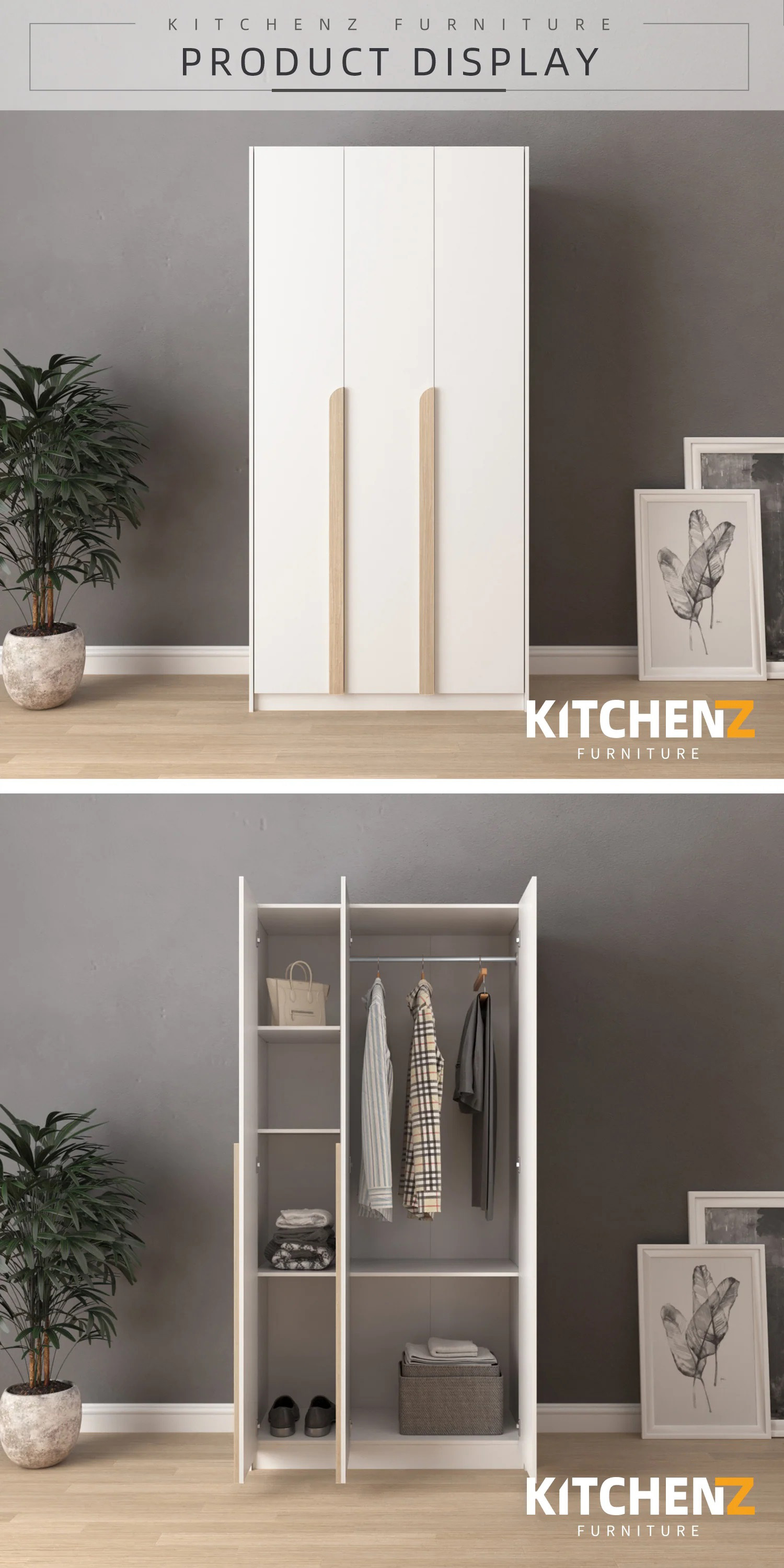 3FT 3 Door Simona Series Wardrobe Particle Board with Hanging Rod-HMZ ...