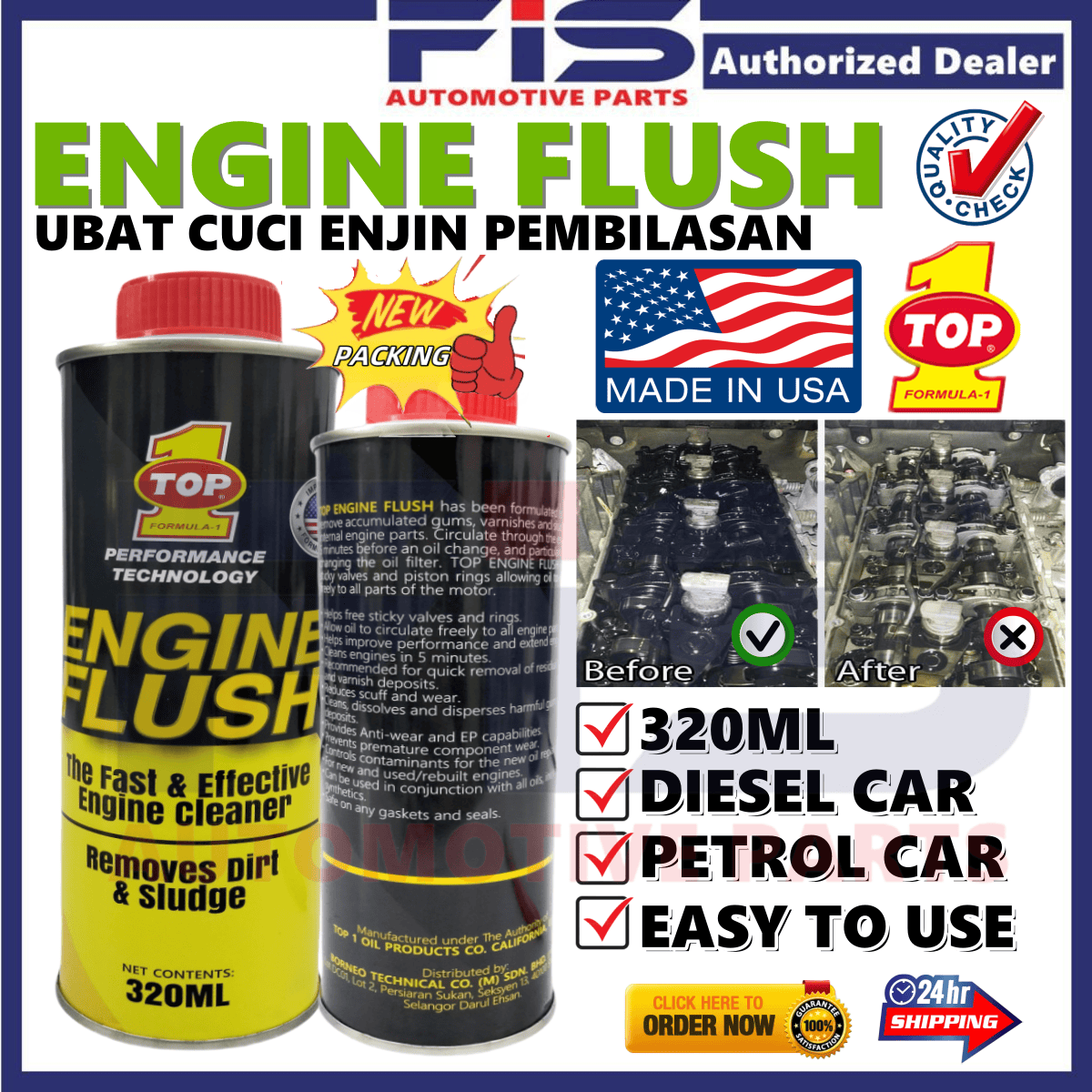 TOP FIS TOP1 Engine Flush Car Truck Motorcycle Machine 320ml Ubat Cuci ...
