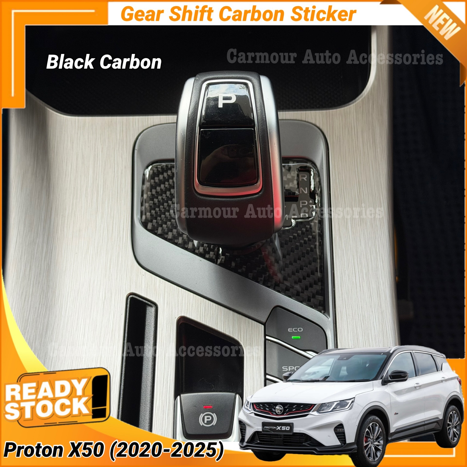 Proton X50 Gear Shift Frame Sticker Semi-Soft Black Red Real Carbon ...