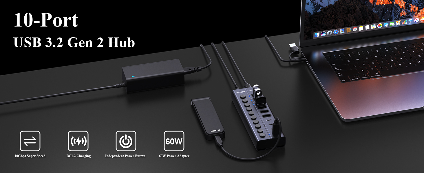 FIDECO 10-poorts Powered USB 3.2 Gen 1 Hub, Aluminium USB