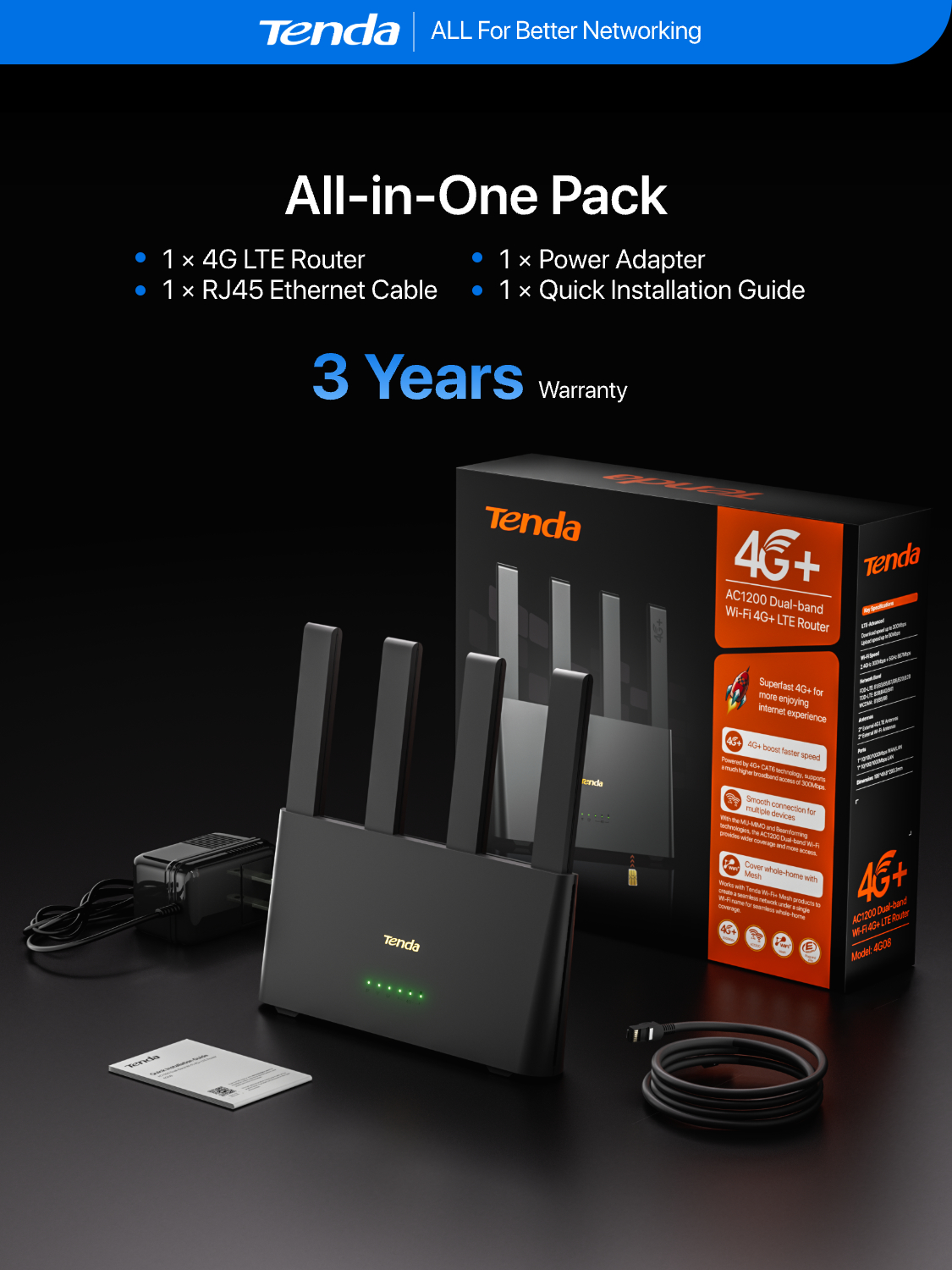 Tenda 4G08 AC1200 4G+ LTE Router Sim Card Modem WiFi Router All Telco ...