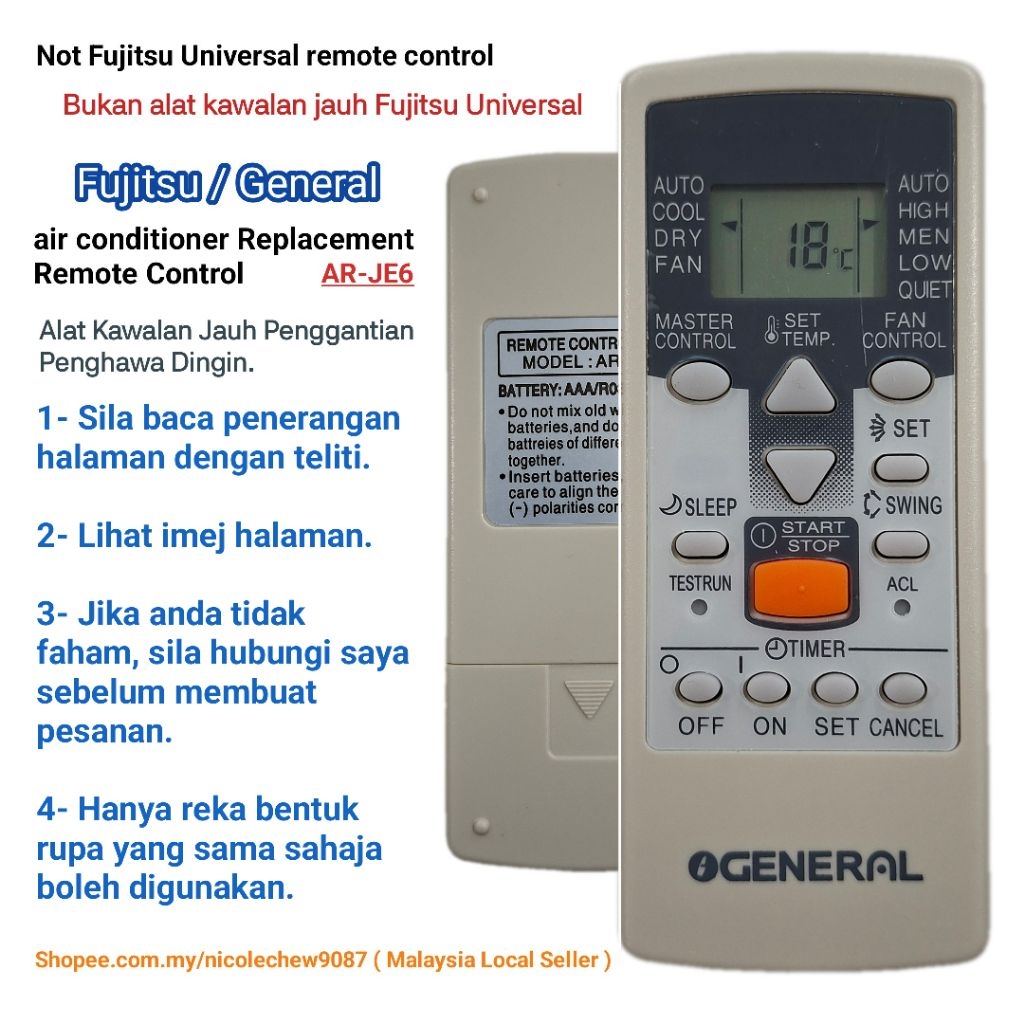 Fujitsu / General Air cond Air conditioner Replacement Remote Control ...