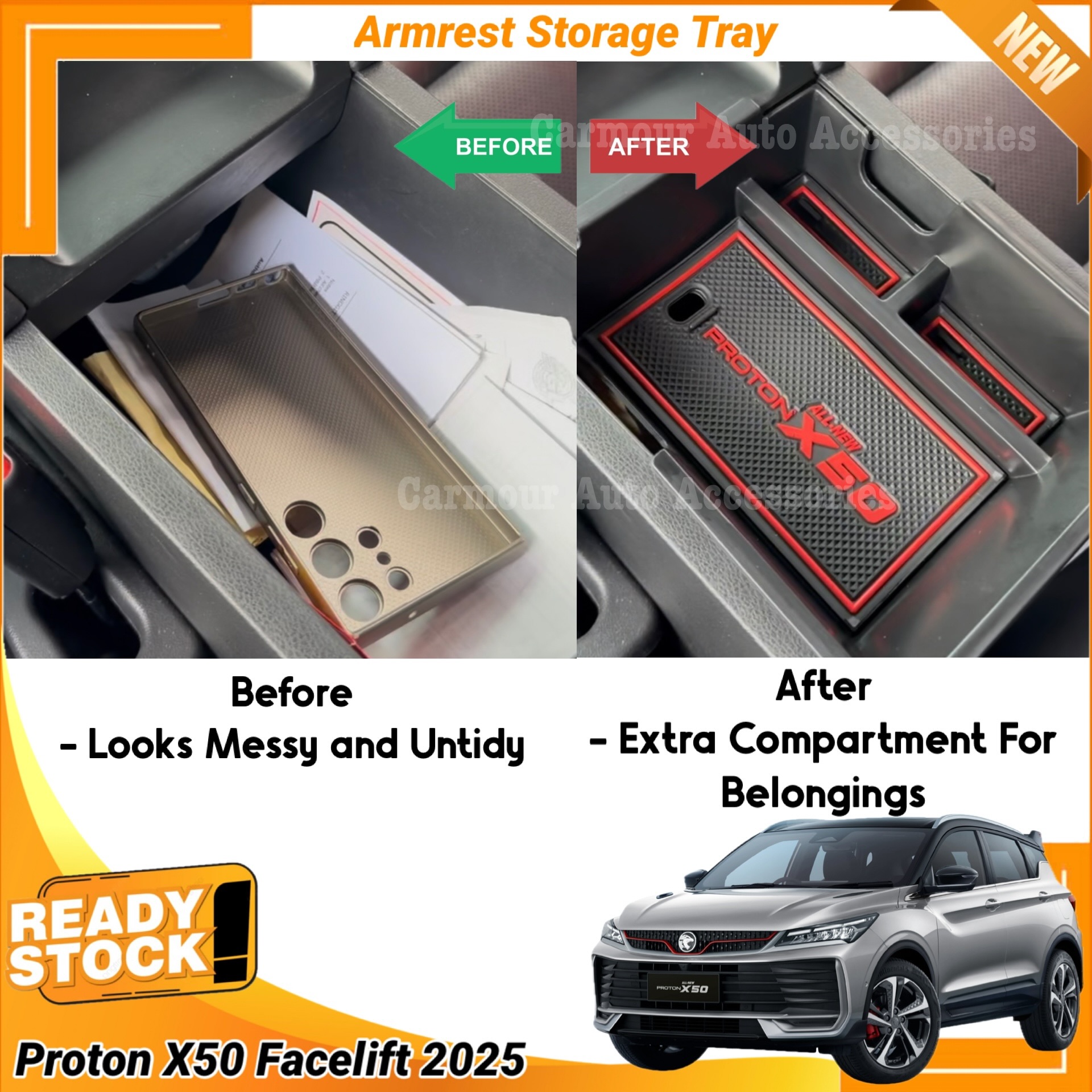 Proton X50 Facelift 2025+ Centre Armrest Storage Tray Compartment Tray ...