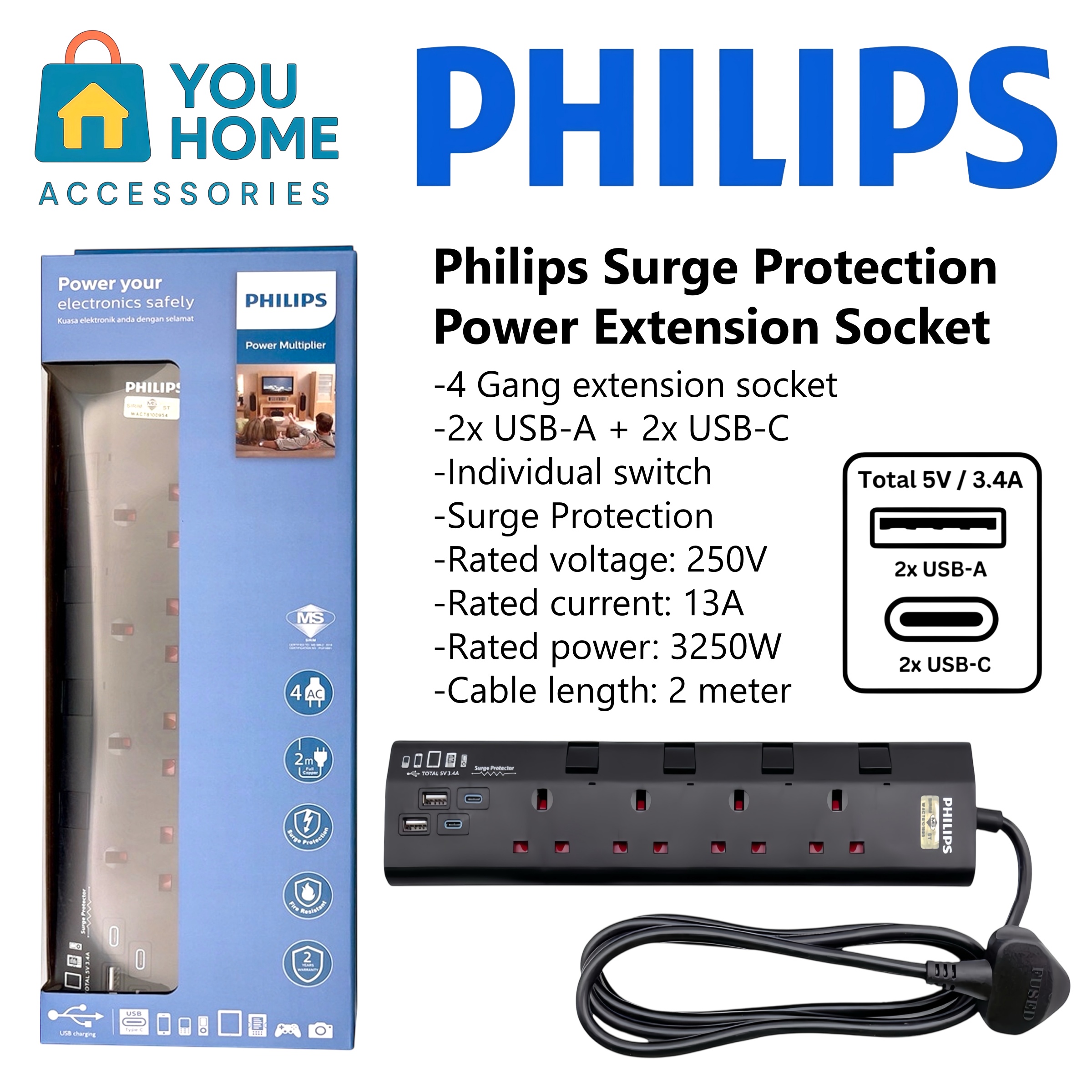 Philips 3/4/5-Gang Surge Protection Power Extension Socket 2x USB-A ...
