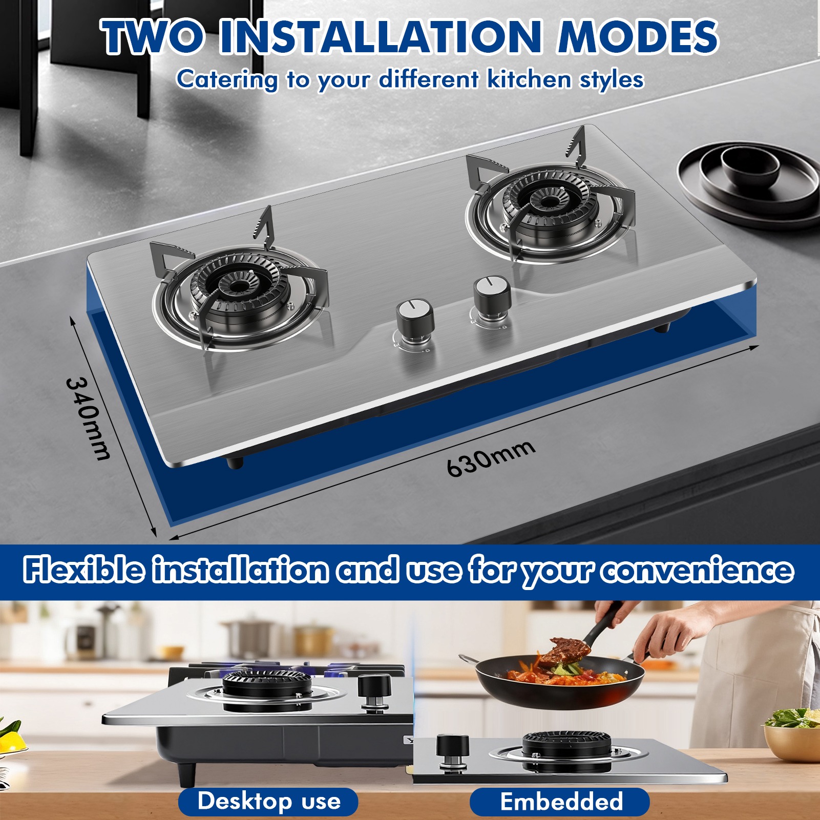 🔥5-year warranty🔥Stainless steel Premium Built-in Gas Hob Double Burner ...