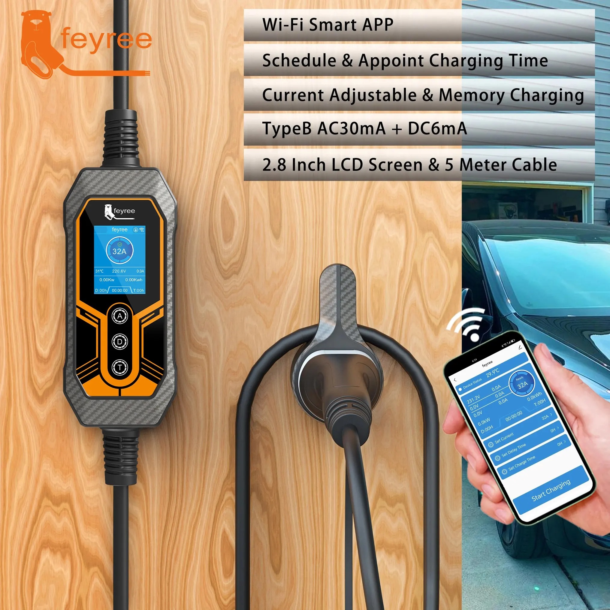 feyree Portable EV Charger Type2 32A 7KW EVSE Wi-Fi APP Control ...