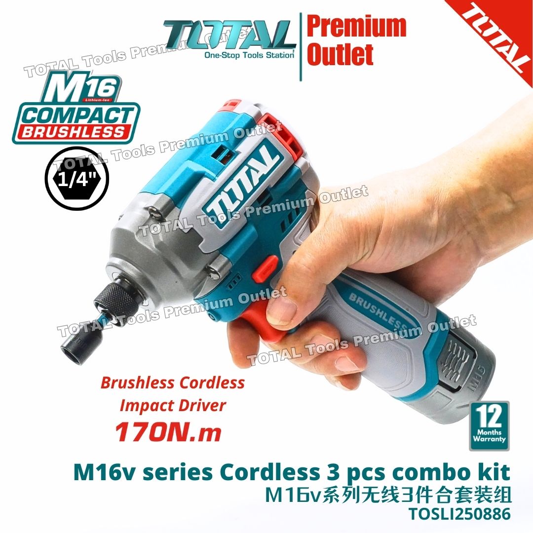 TOTAL Tools M16V series 3 in 1 COMBO set, BL cordless impact driver, 3D ...