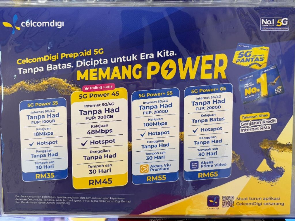 5G CelcomDigi Prepaid Unlimited Data High Speed Power 55 Unlimited Call ...