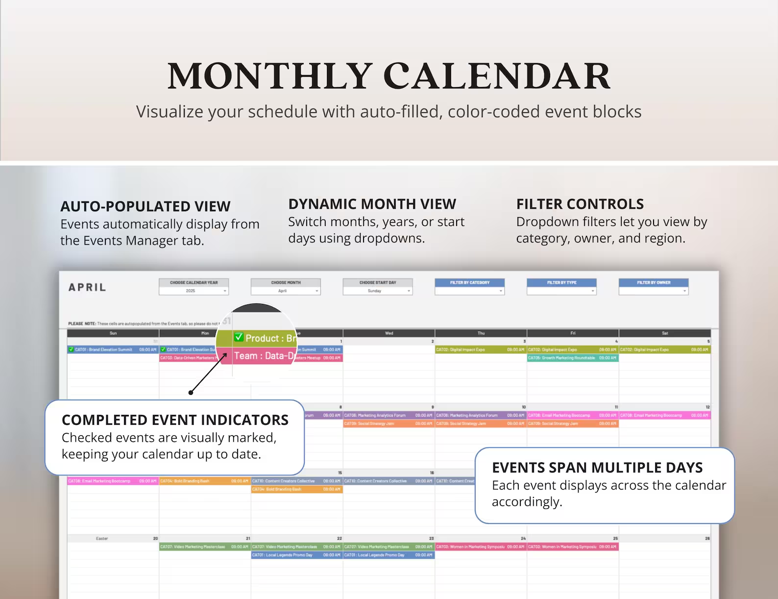 Multi Day Events Excel Google Sheets Editable Template Schedule ...