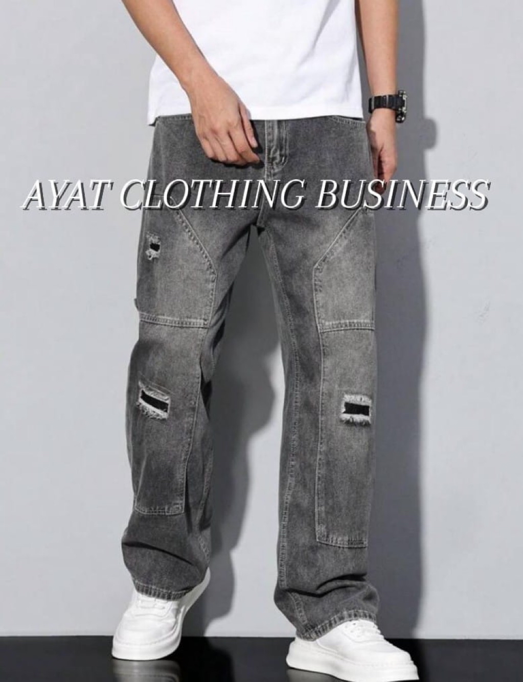 Men's Cargo Ripped Jeans Loose Fit/ Straight Cut (Acid wash) Long ...