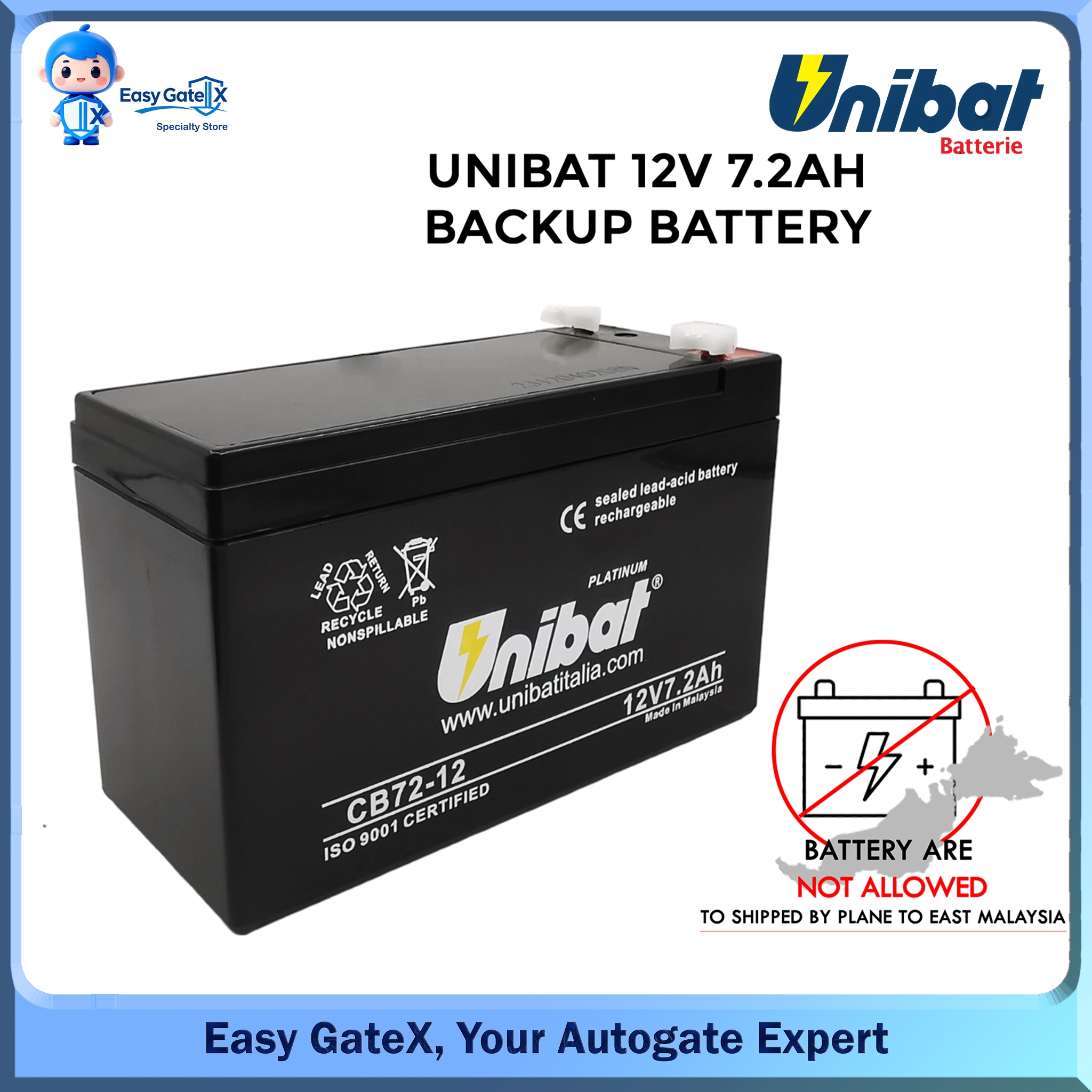 Unibat 12V 7.2Ah Rechargeable Sealed Lead Acid (SLA) Battery – Backup ...