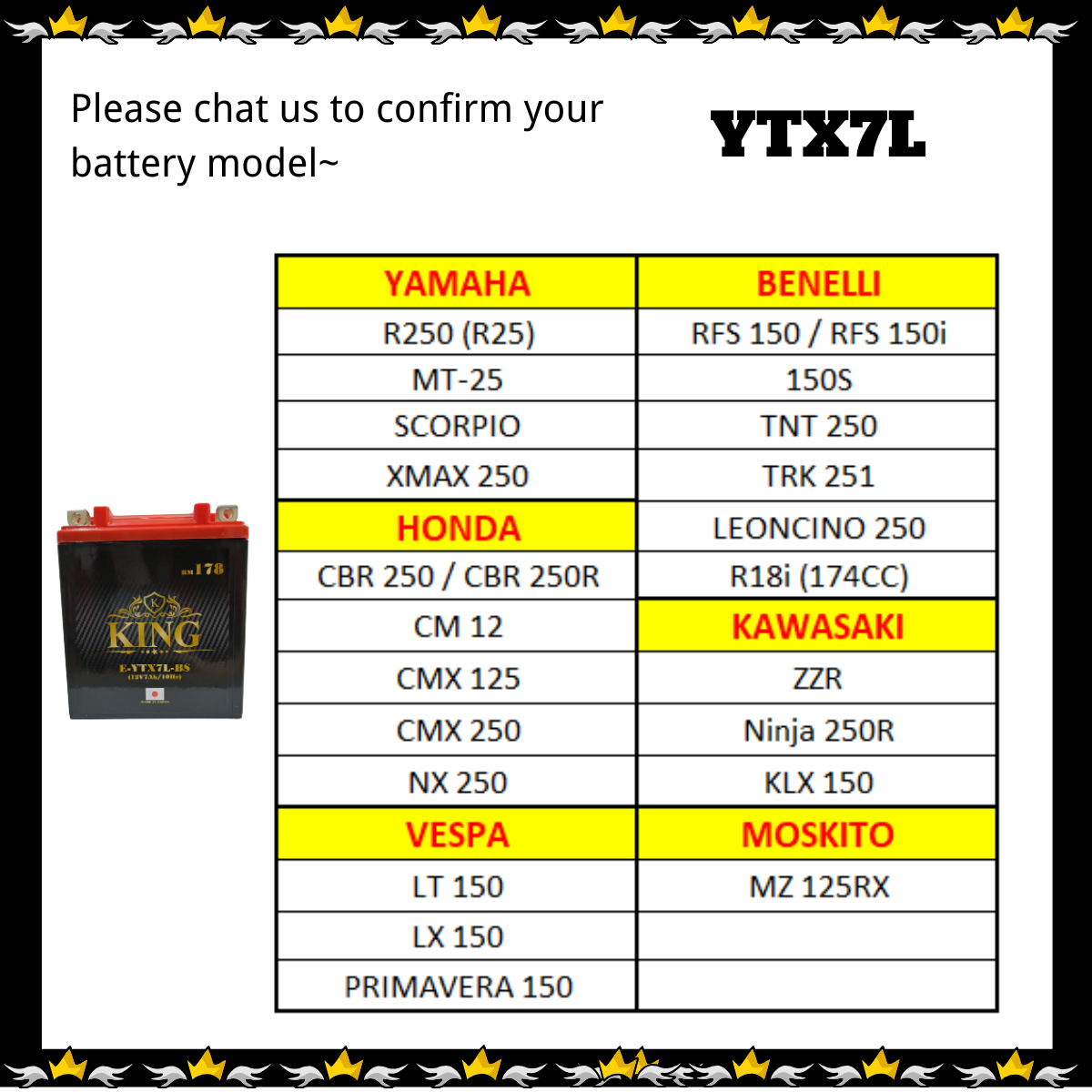 KING BATERI YTX7L MOTORCYCLE BATTERY R25 RFS 150 TNT 250 150S CB250R ...