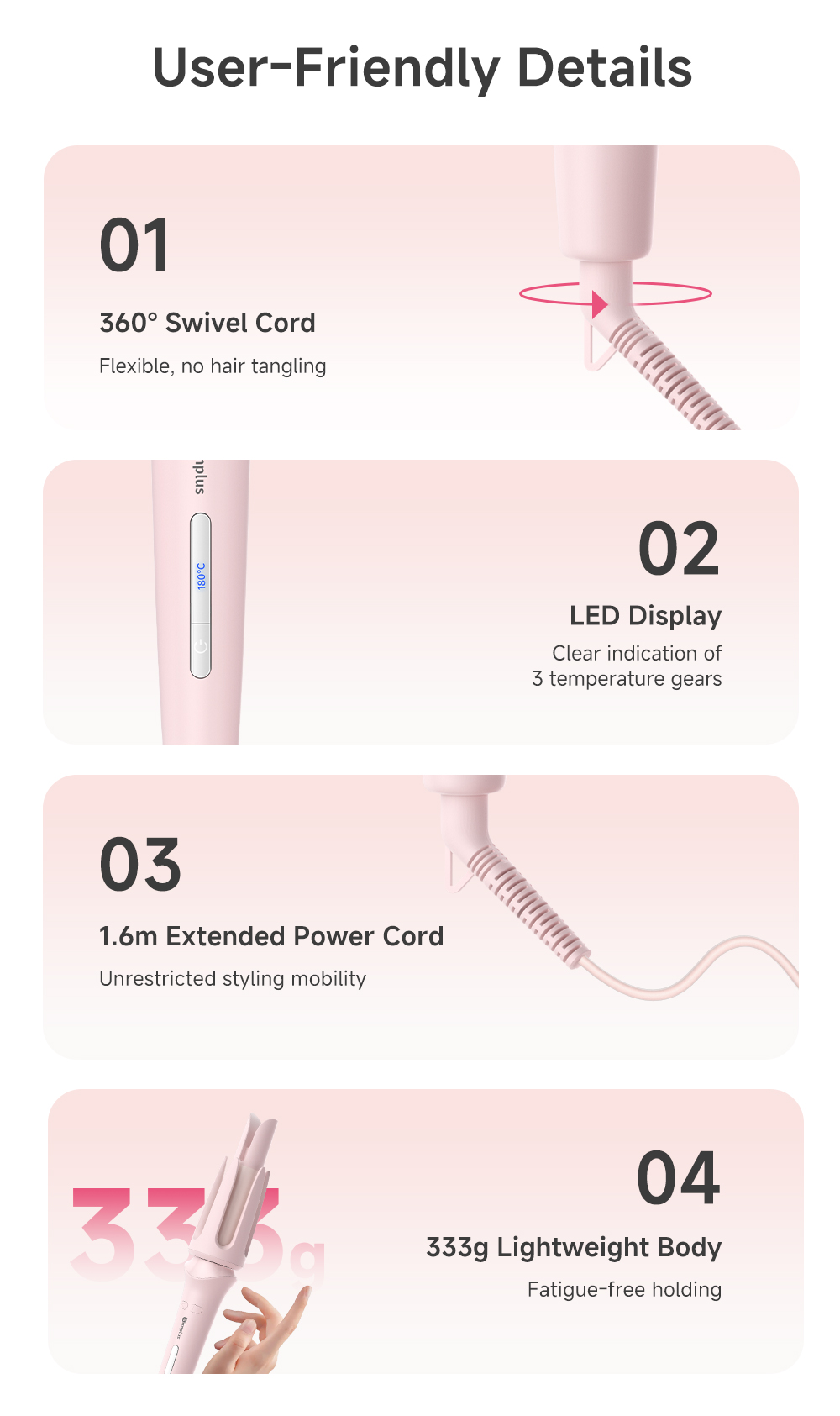 【Simplus Pink】28mm Automatic Hair Curler丨Egg Roll Style丨3 Temperature丨 ...