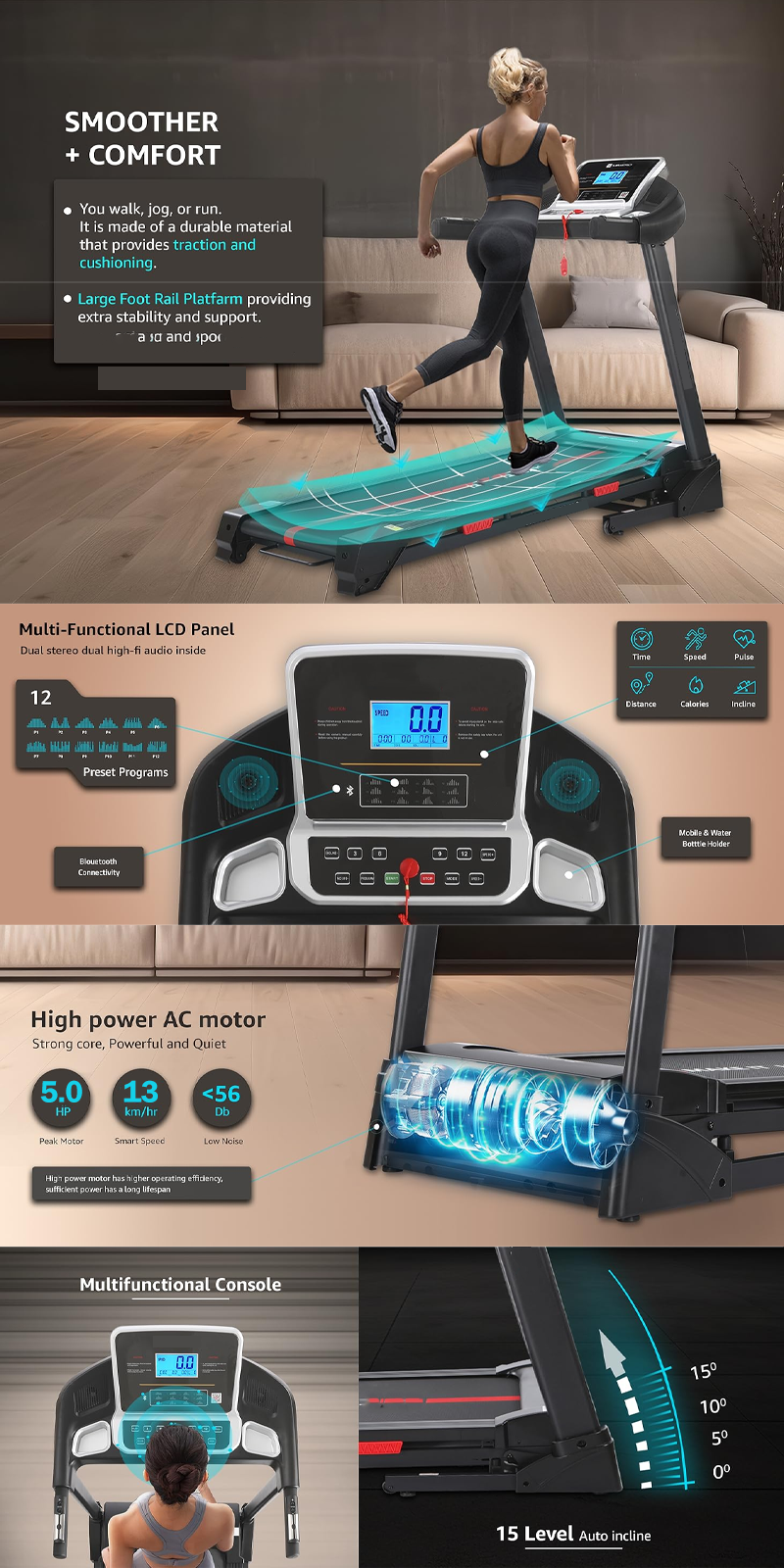 5.0HP Folding Indoor Walking Treadmill Multifunctional Adjustable ...