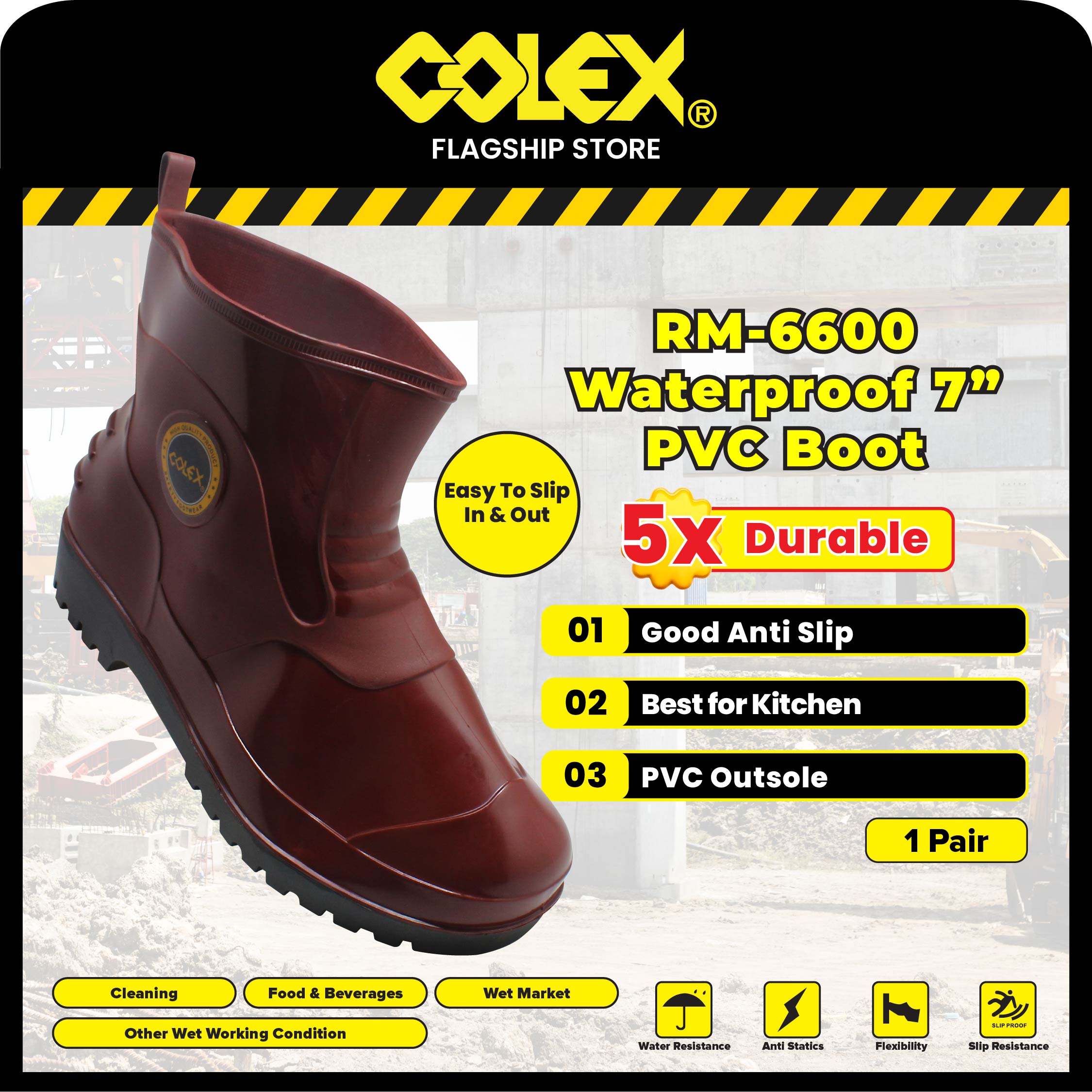 COLEX RM-6600 PVC Kitchen Boot Rain Boots Waterproof Anti Slip Garden ...
