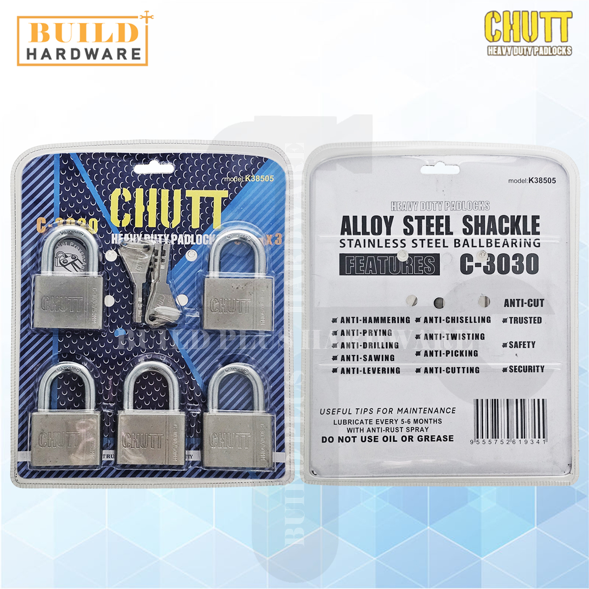 CHUTT 50mm Stainless Steel Heavy Duty Padlock Set Master Key ANTI-CUT ...