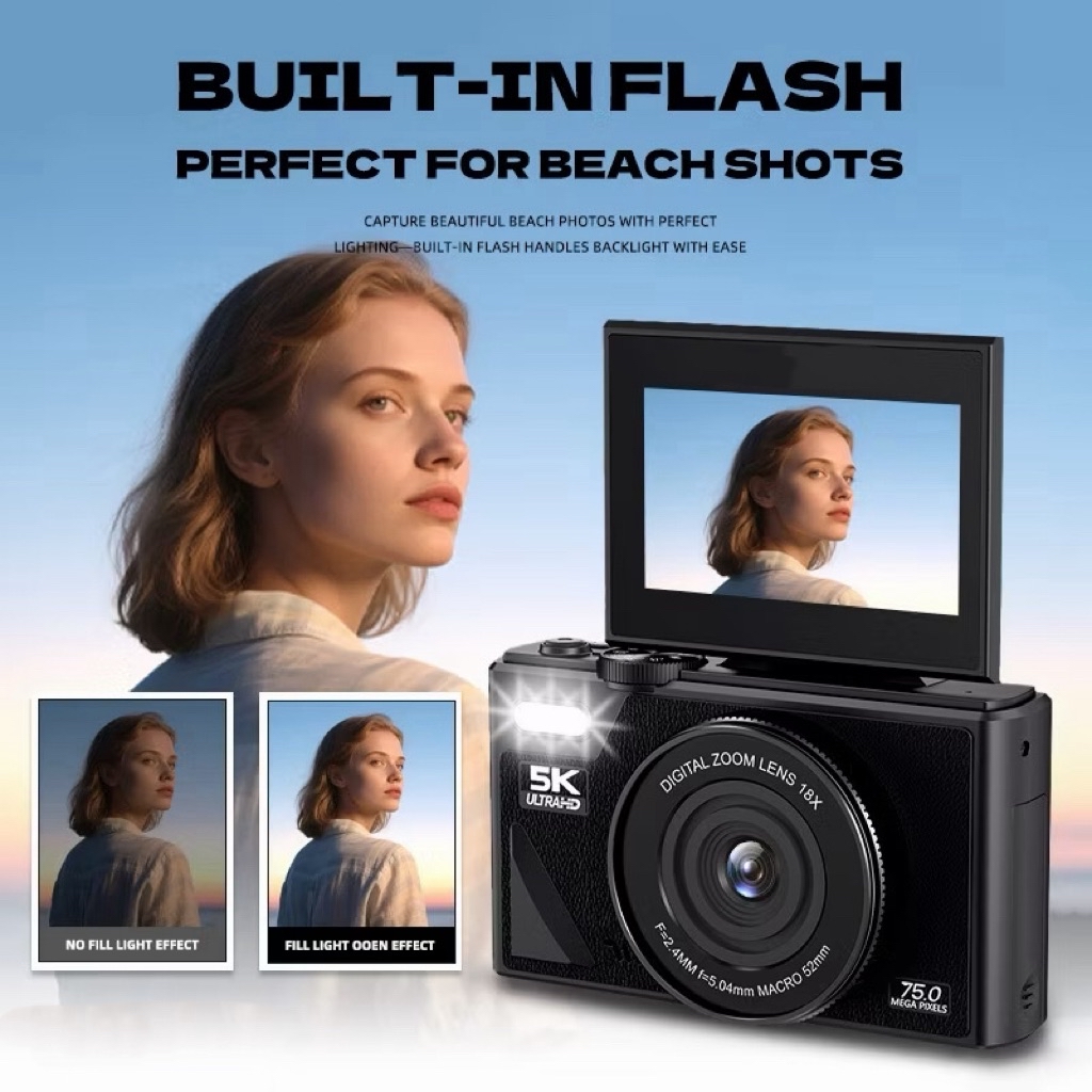 5K Digital Camera 180° Flip Selfile Screen 18X Zoom Built-in Flash ...