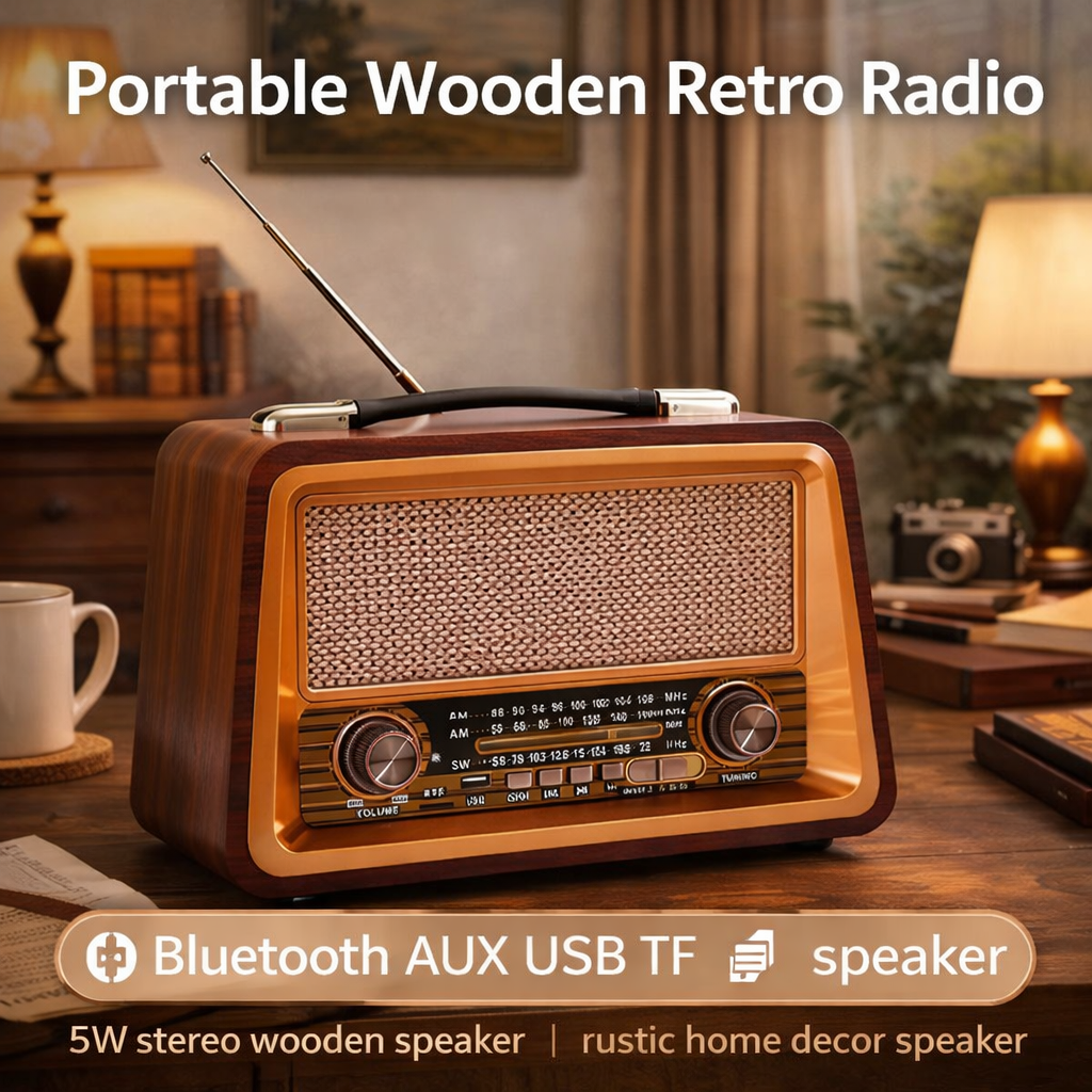 Retro Wooden Radio Bluetooth Speaker – Portable AM/FM/SW Radio, USB/TF ...