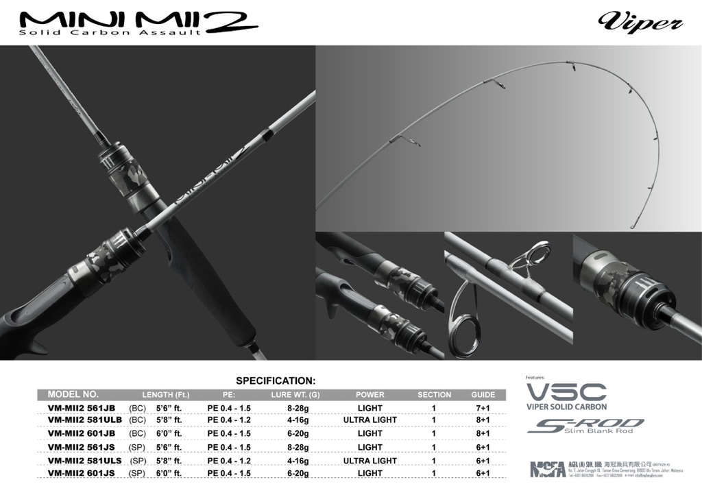 26 VIPER MINI MII 2 Super Mirco Jig SOLID CARBON Fishing Rod Spinning ...